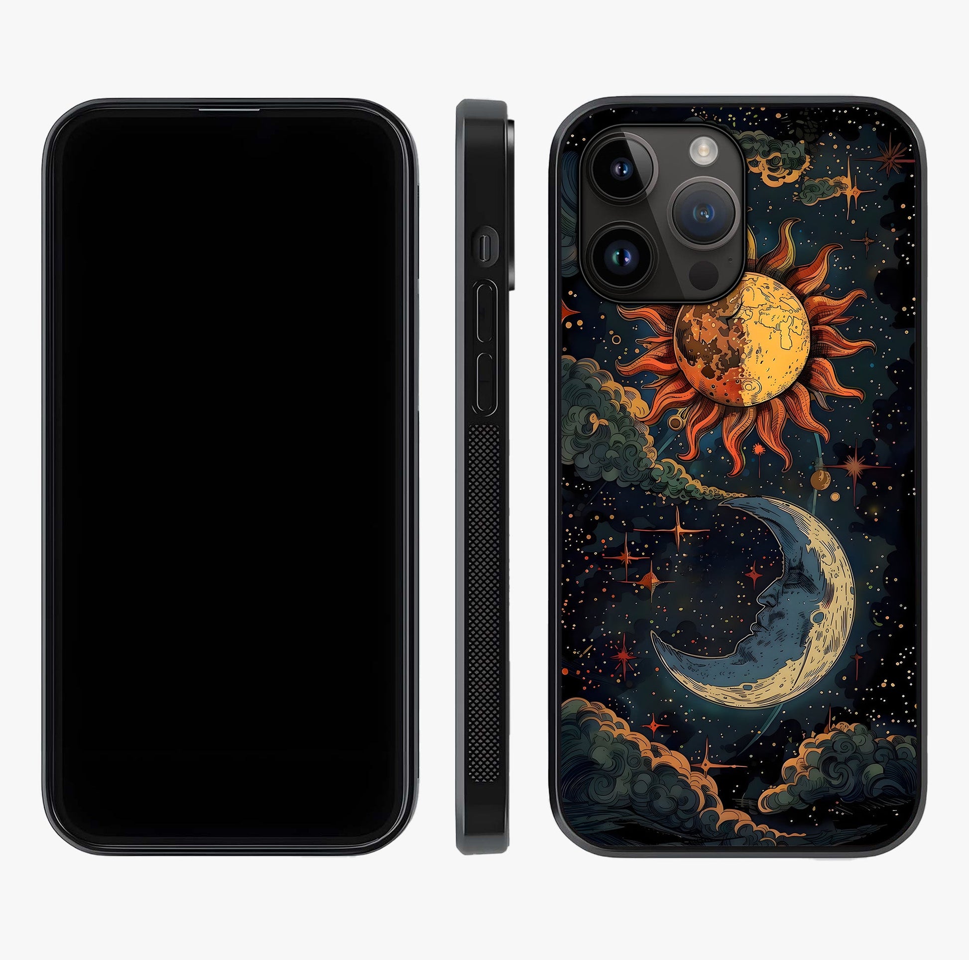 Sun And Moon Magic Design Glass Case displayed upright for full design visibility and premium finish.