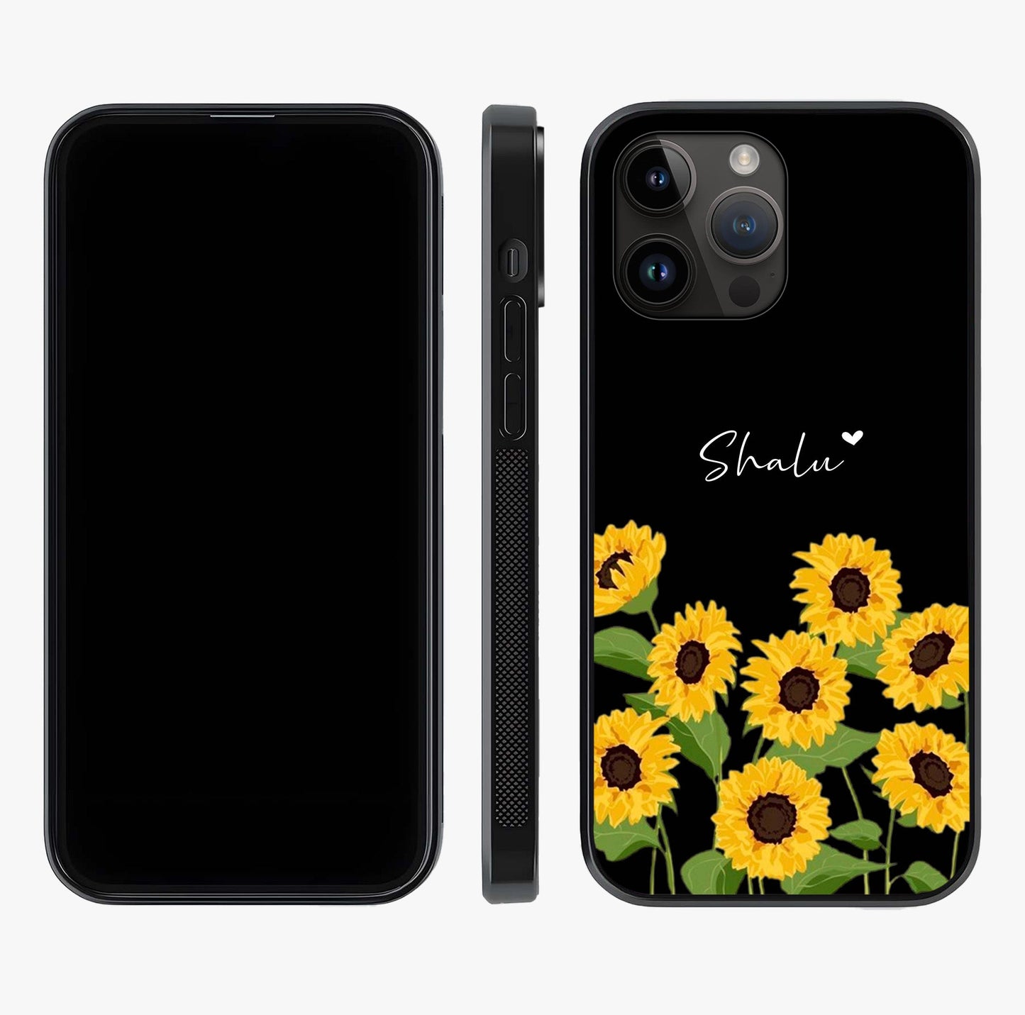 Sunflower Chic Mood Custom Name Glass Case displayed upright for full design visibility and premium finish.