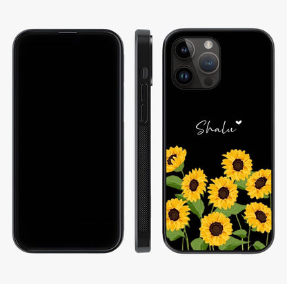 Sunflower Chic Mood Custom Name Glass Case displayed upright for full design visibility and premium finish.