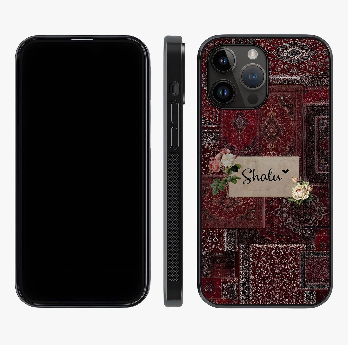 Velvet Wine Pattern Custom Name Glass Case displayed upright for full design visibility and premium finish.