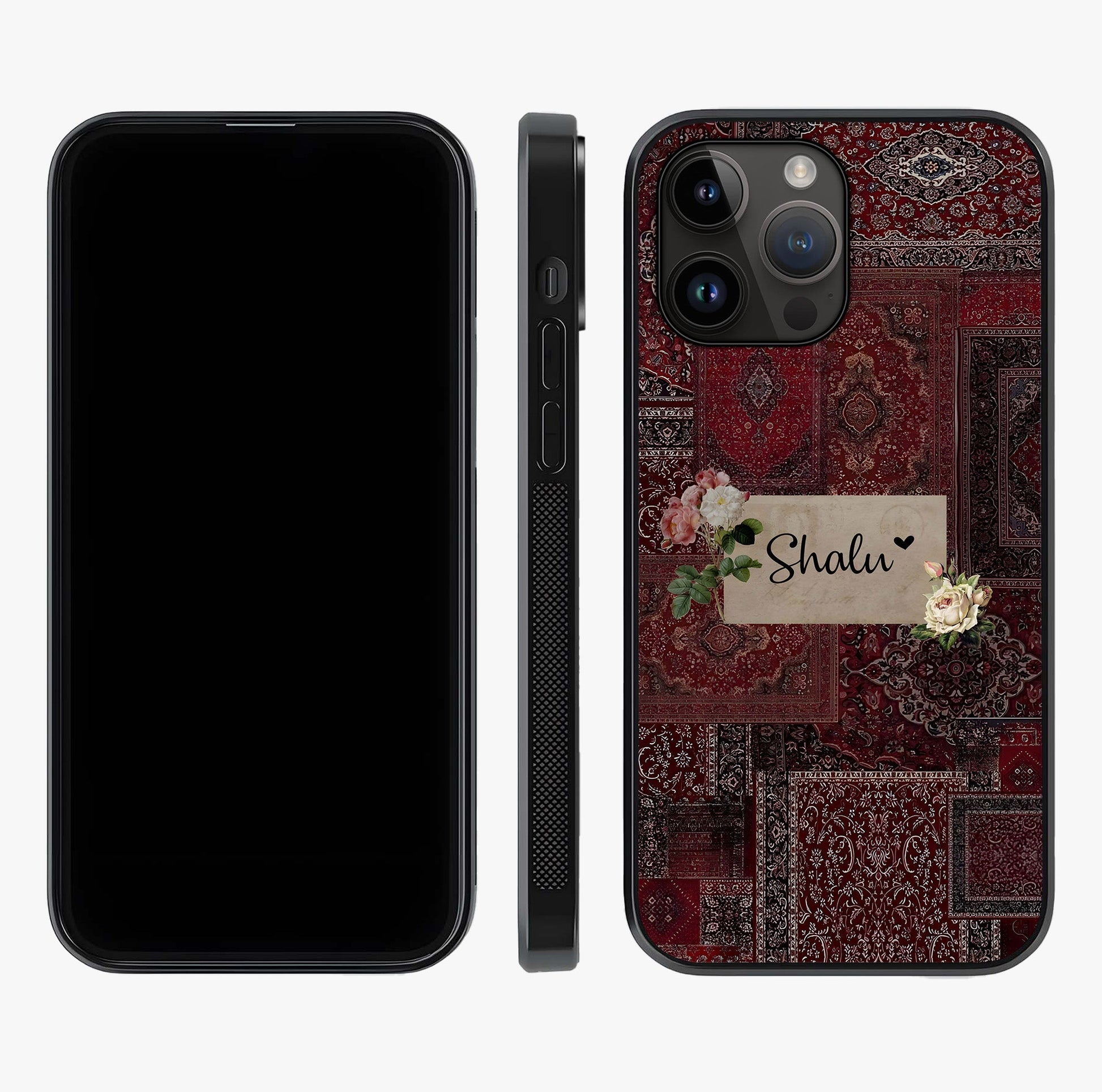 Velvet Wine Pattern Custom Name Glass Case displayed upright for full design visibility and premium finish.