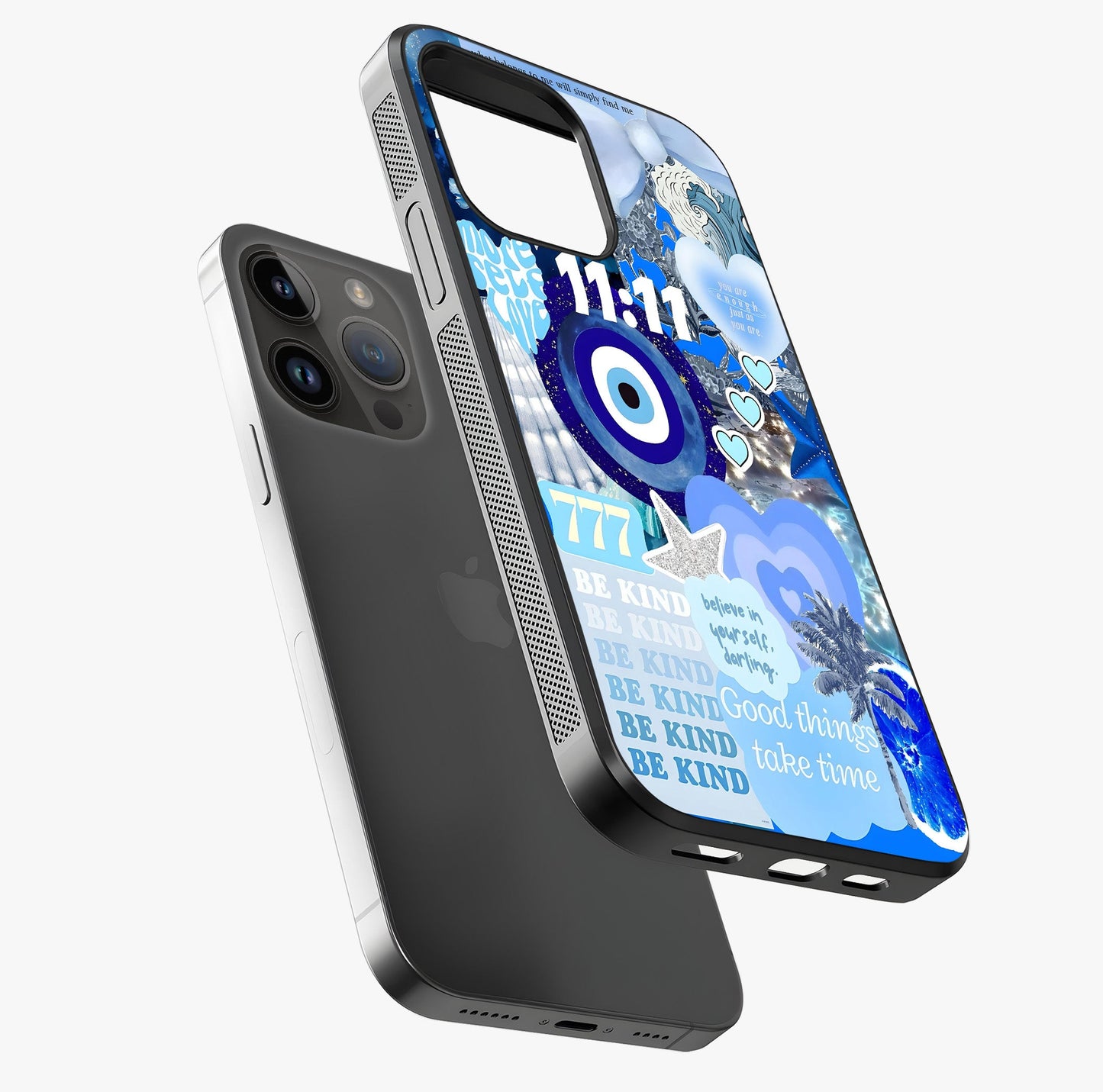 Aesthetic Be Kind Eye Glass Case laid diagonally highlighting side profile, edges and glossy glass shine.