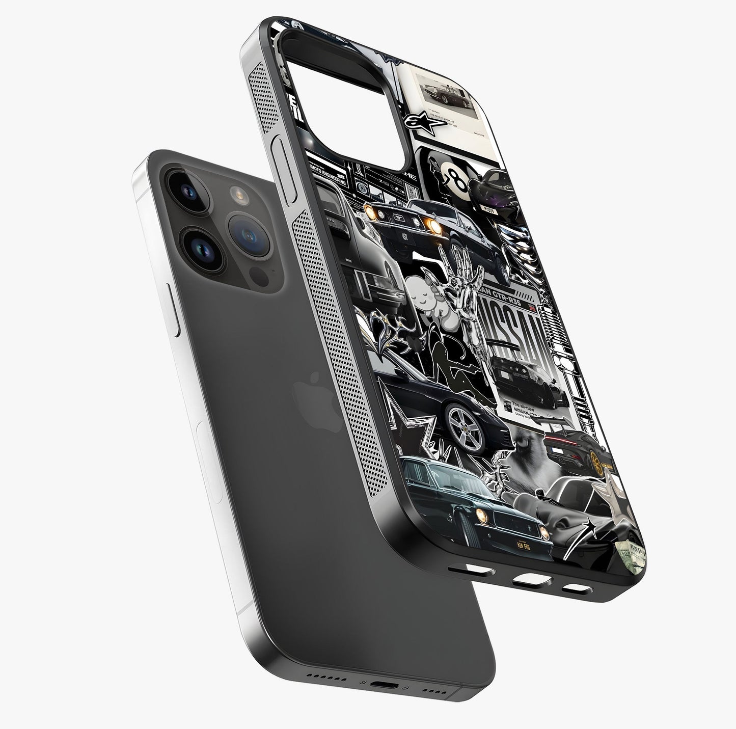 Aesthetic Dark Love Glass Case laid diagonally highlighting side profile, edges and glossy glass shine.