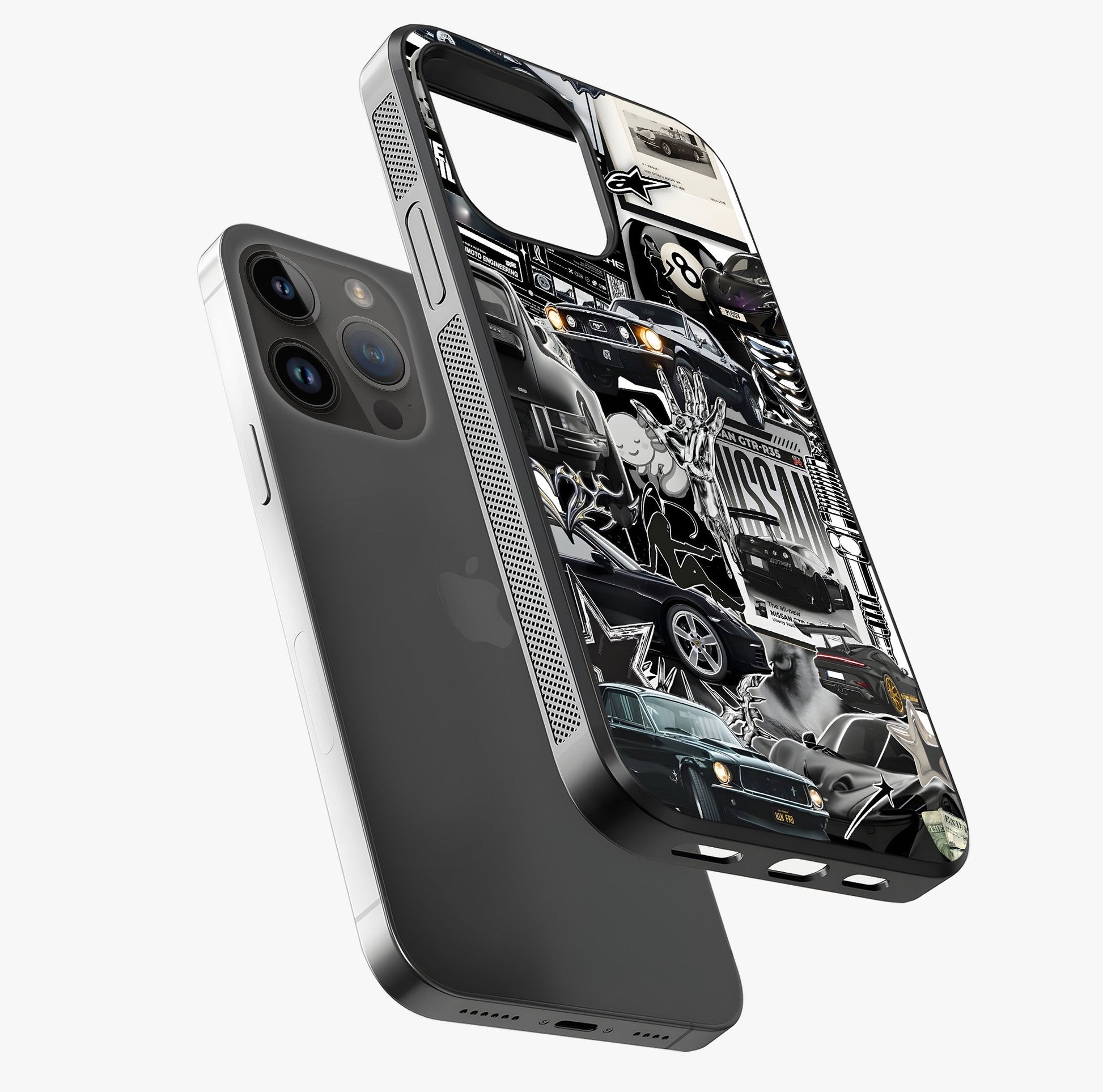 Aesthetic Dark Love Glass Case laid diagonally highlighting side profile, edges and glossy glass shine.