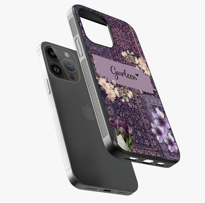 Antique Floral Whisper Custom Name Glass Case laid diagonally highlighting side profile, edges and glossy glass shine.