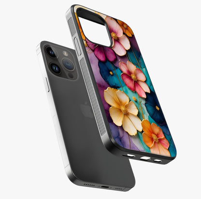 Artlyn Grace Flower Pattern Glass Case laid diagonally highlighting side profile, edges and glossy glass shine.