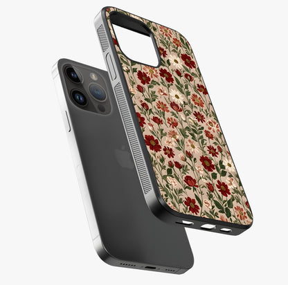 Biege Flower With Leaf Glass Case laid diagonally highlighting side profile, edges and glossy glass shine.