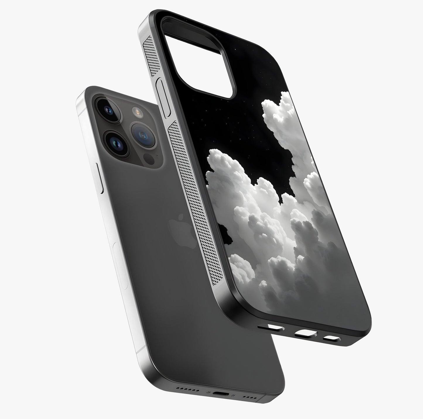 Black Background With White Cloud Glass Case laid diagonally highlighting side profile, edges and glossy glass shine.