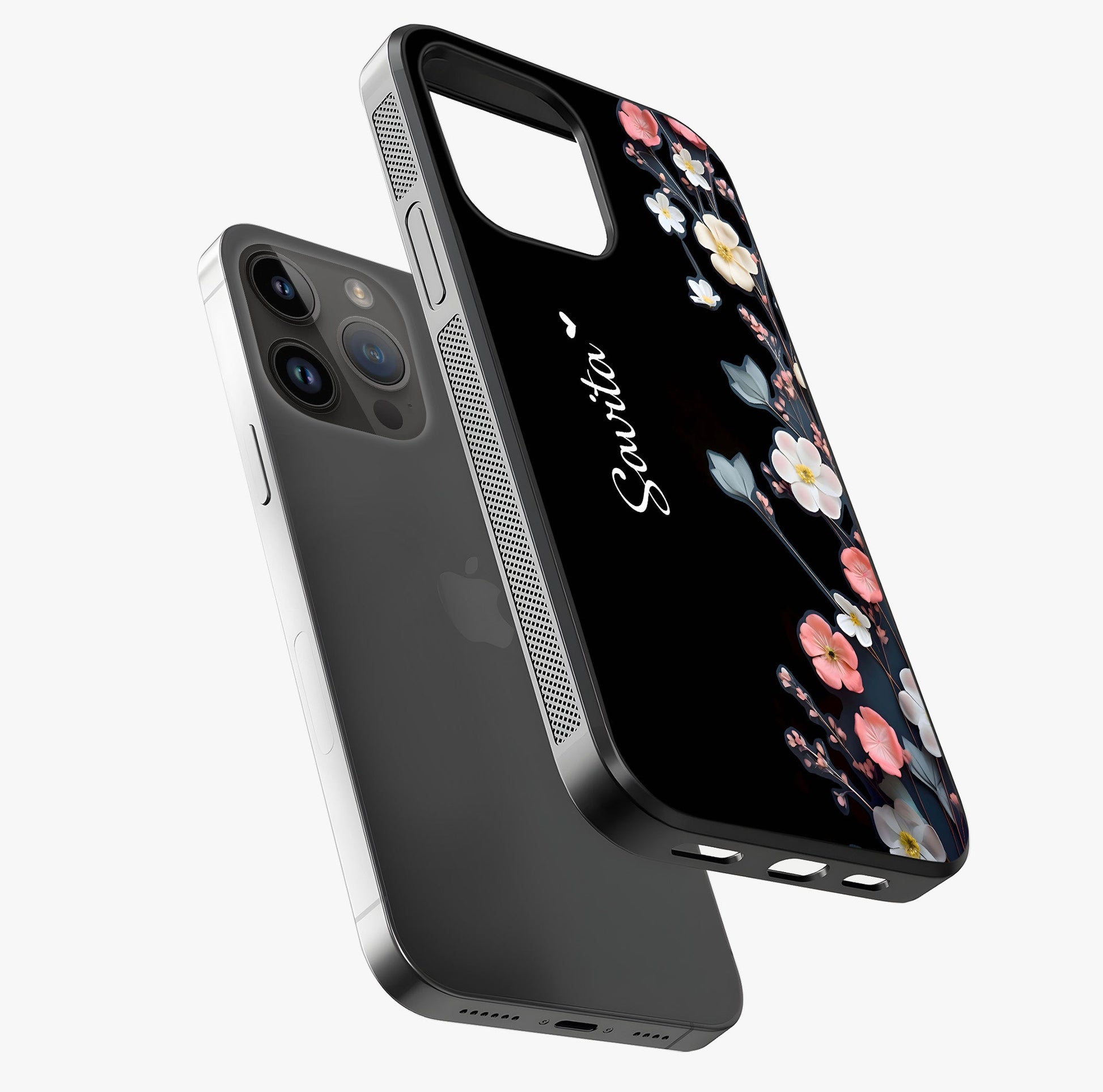 Black Elegance Floral Custom Name Glass Case laid diagonally highlighting side profile, edges and glossy glass shine.