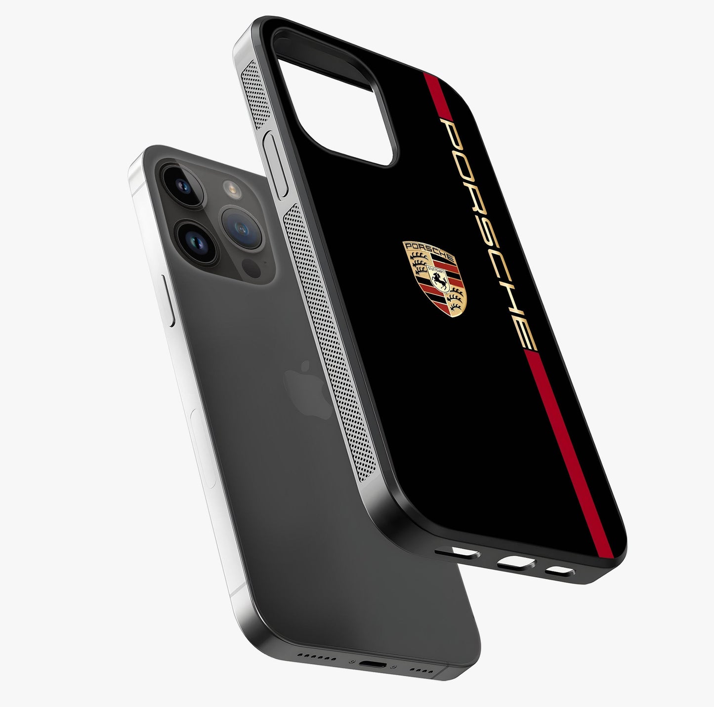 Black Minimal Porsche Glass Case laid diagonally highlighting side profile, edges and glossy glass shine.