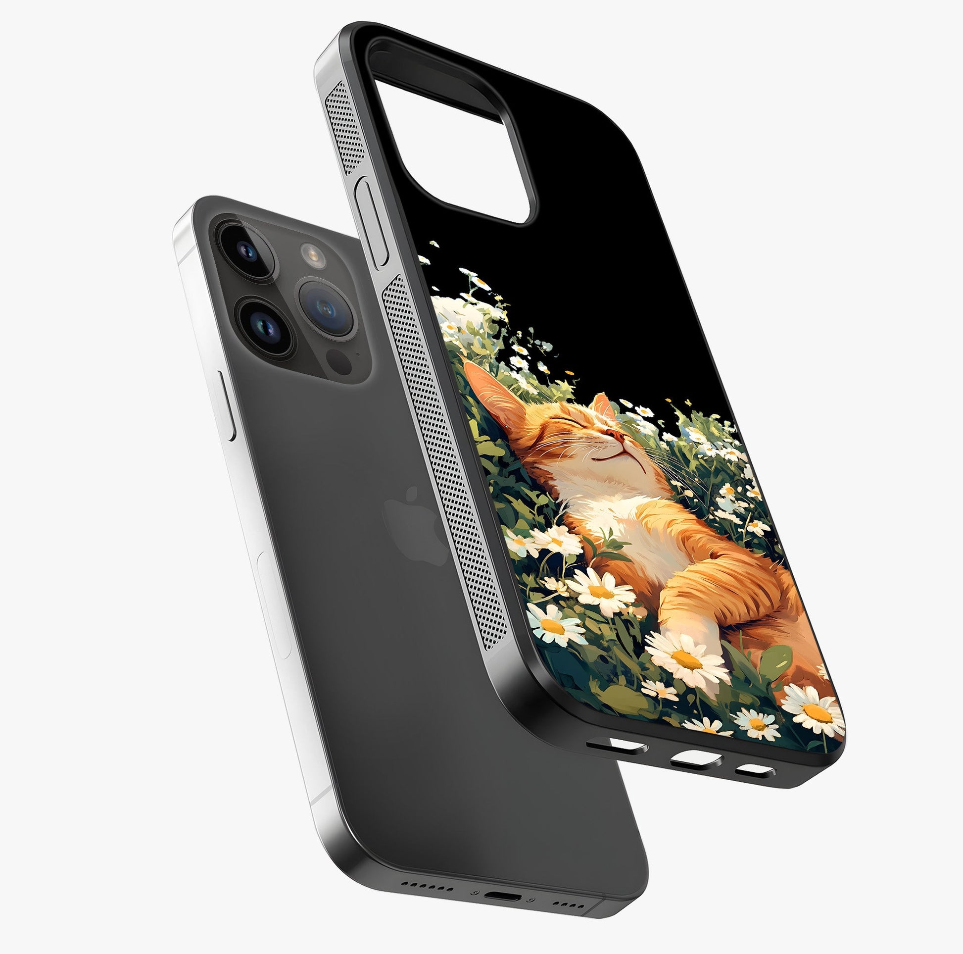 Blissful Bloom Cat Glass Case laid diagonally highlighting side profile, edges and glossy glass shine.