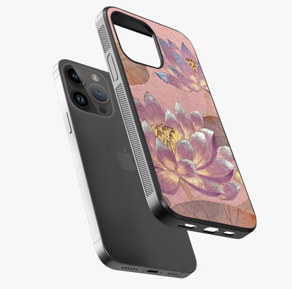 Blossom Mist Lotus Glass Case laid diagonally highlighting side profile, edges and glossy glass shine.