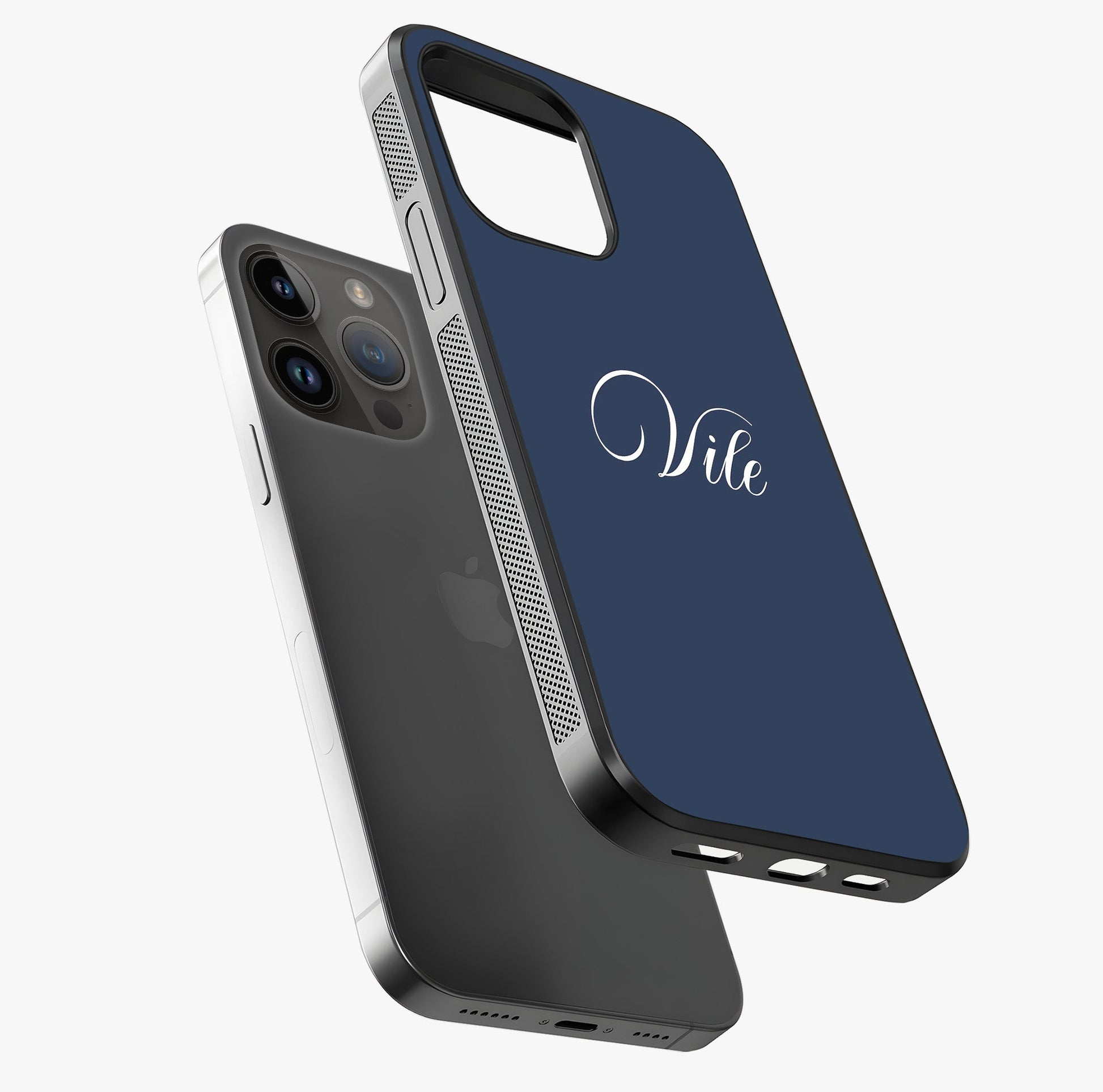 Blue Background Personalized Custom Name Glass Case laid diagonally highlighting side profile, edges and glossy glass shine.