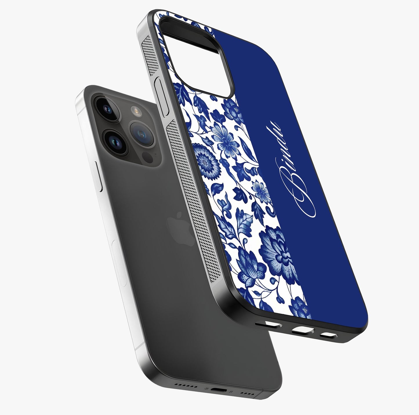 Blue Vintage Floral Pattern Glass Case laid diagonally highlighting side profile, edges and glossy glass shine.