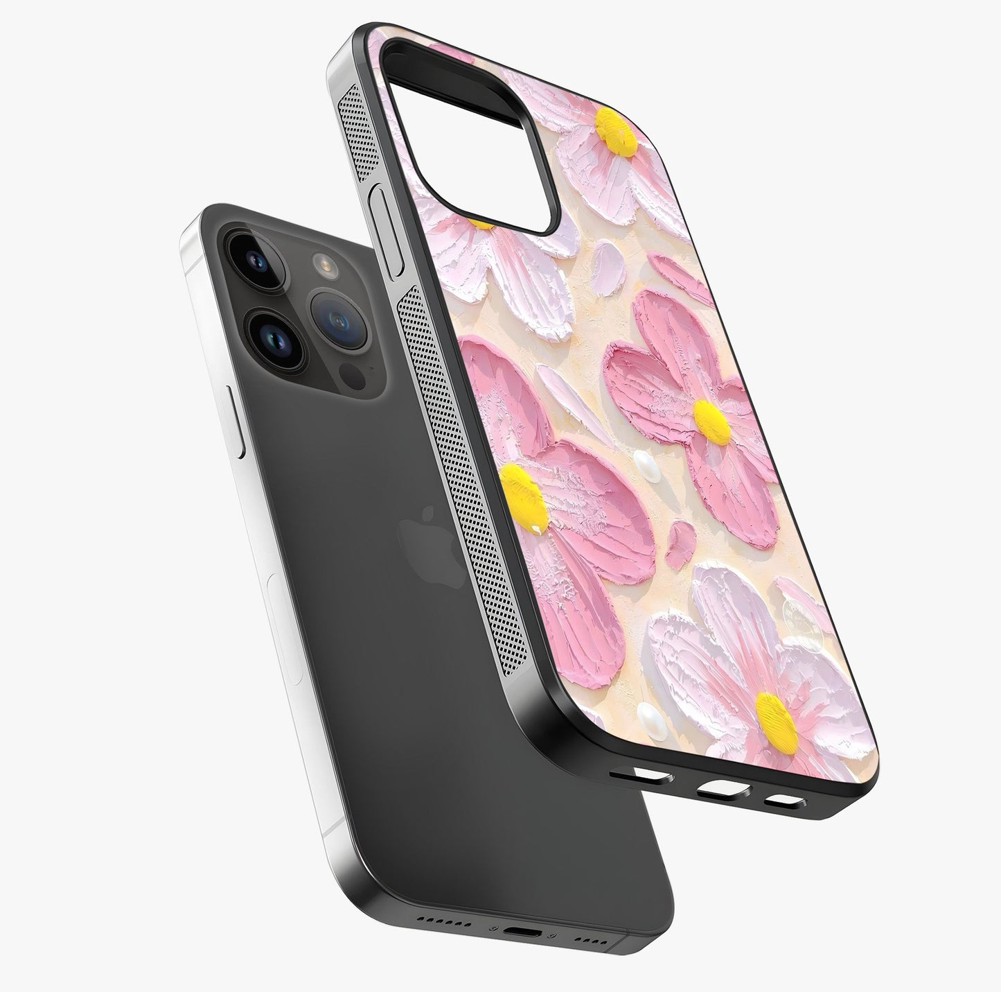 Blush Bloom Texture Glass Case laid diagonally highlighting side profile, edges and glossy glass shine.