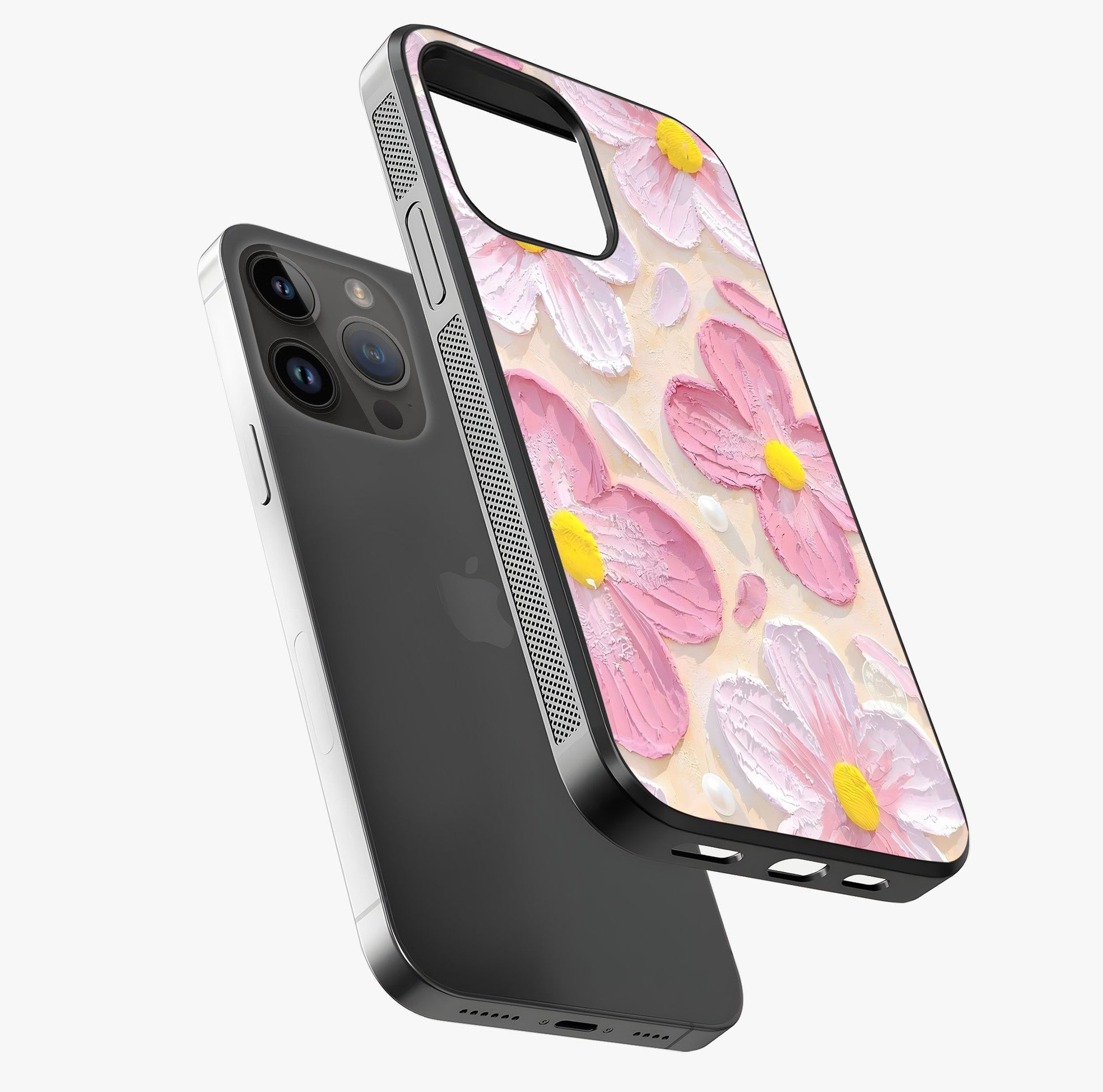 Blush Bloom Texture Glass Case laid diagonally highlighting side profile, edges and glossy glass shine.