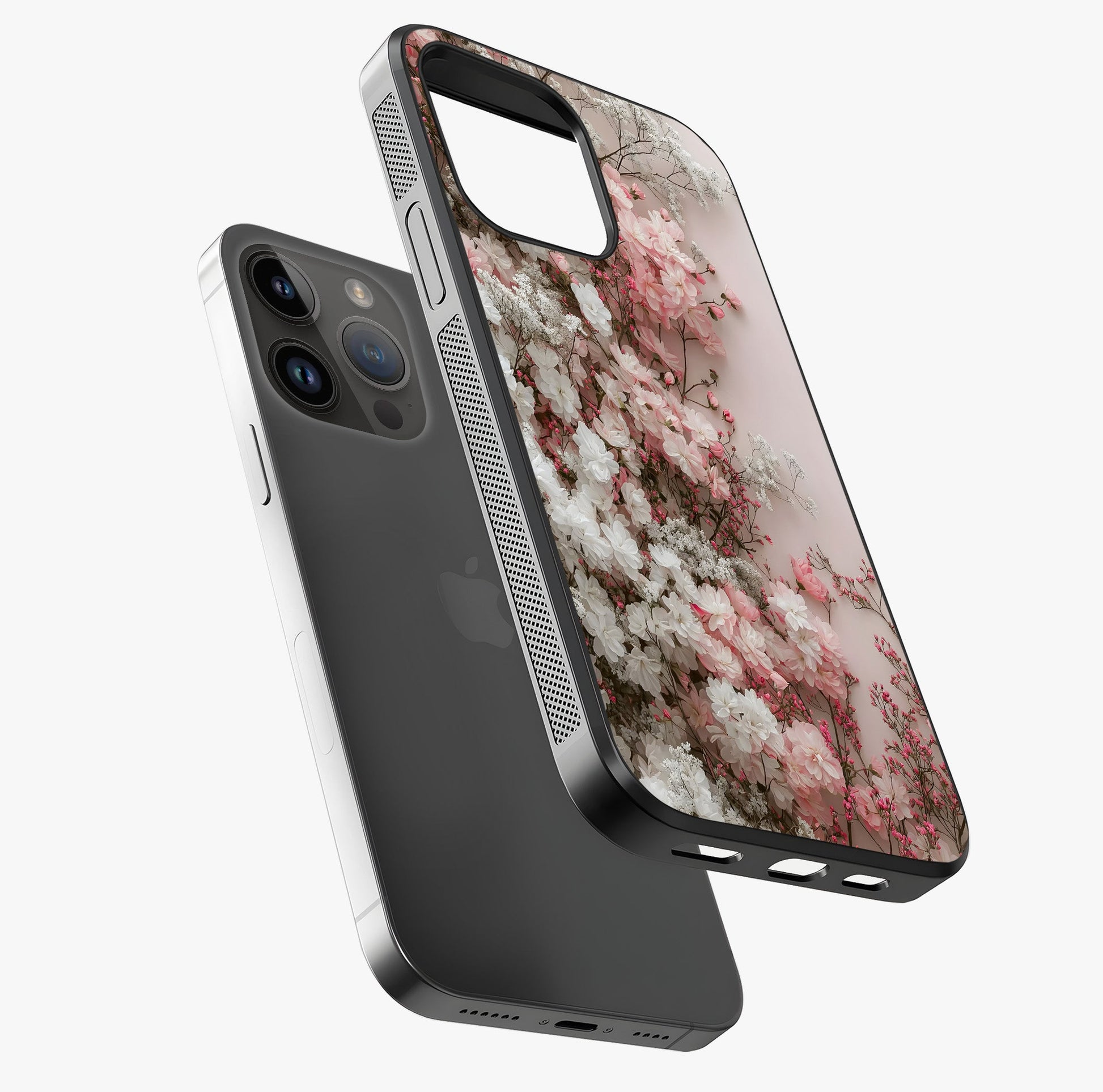 Blush Blossom Cloud Glass Case laid diagonally highlighting side profile, edges and glossy glass shine.
