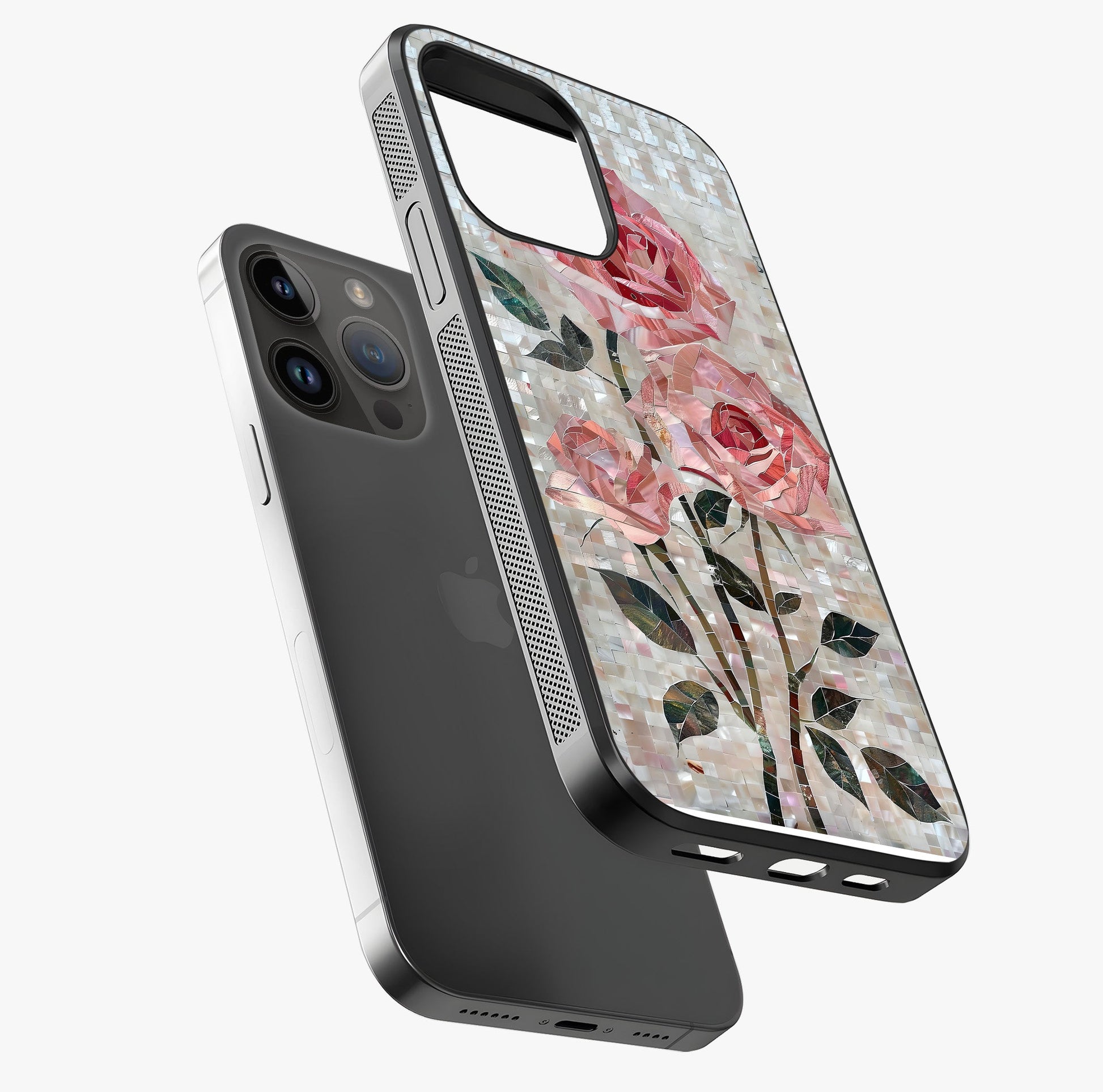 Blush Mosaic Bloom Glass Case laid diagonally highlighting side profile, edges and glossy glass shine.