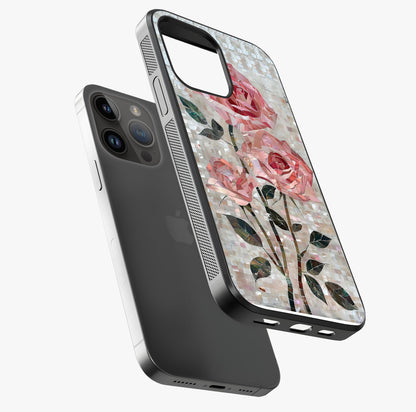 Blush Mosaic Bloom Glass Case laid diagonally highlighting side profile, edges and glossy glass shine.