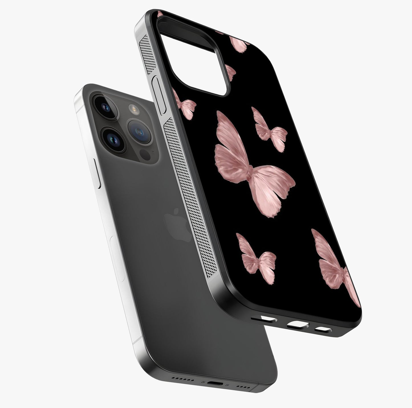 Butterfly Pattern Glass Case laid diagonally highlighting side profile, edges and glossy glass shine.