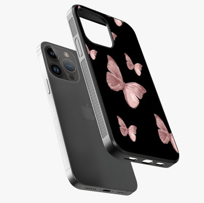 Butterfly Pattern Glass Case laid diagonally highlighting side profile, edges and glossy glass shine.
