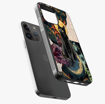 Celestial Black Cat Glass Case laid diagonally highlighting side profile, edges and glossy glass shine.