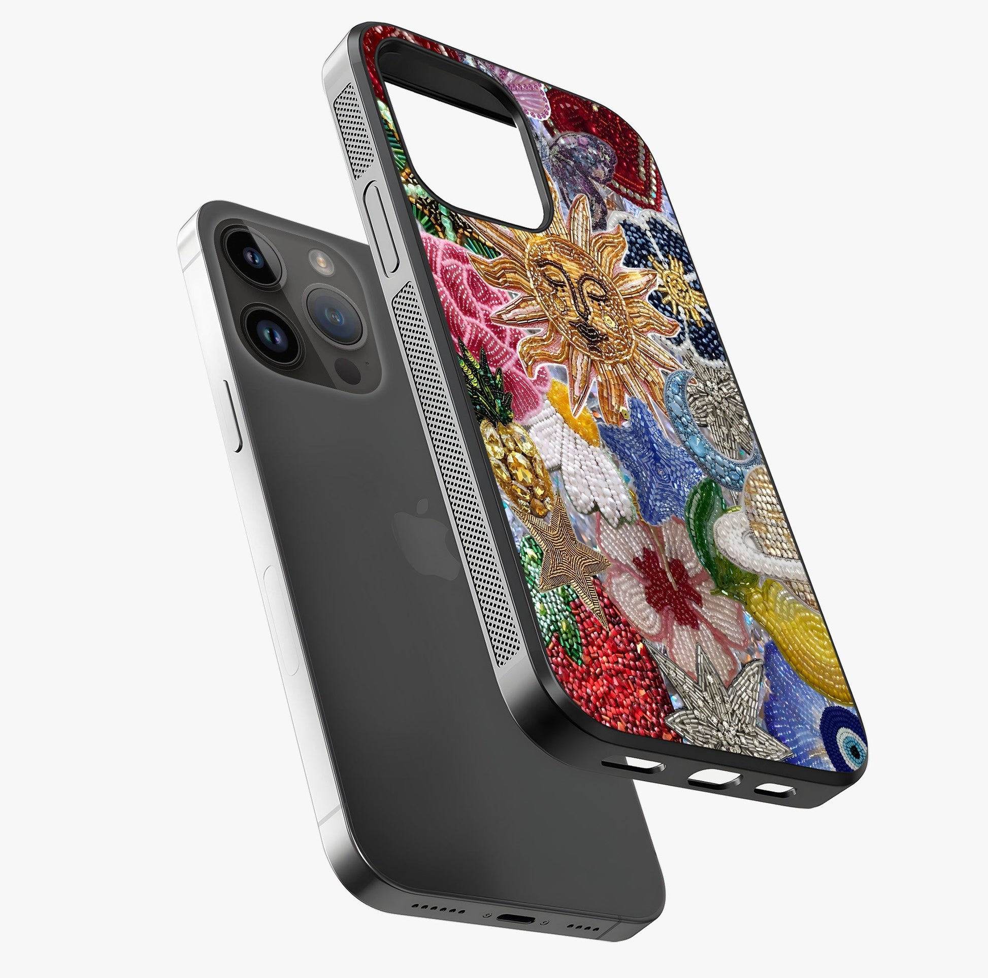 Celestial Floral And Playful Glass Case laid diagonally highlighting side profile, edges and glossy glass shine.