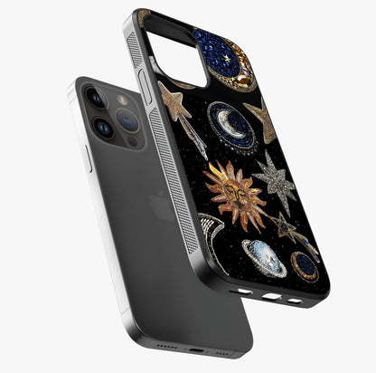 Celestial Gem Constellations Glass Case laid diagonally highlighting side profile, edges and glossy glass shine.