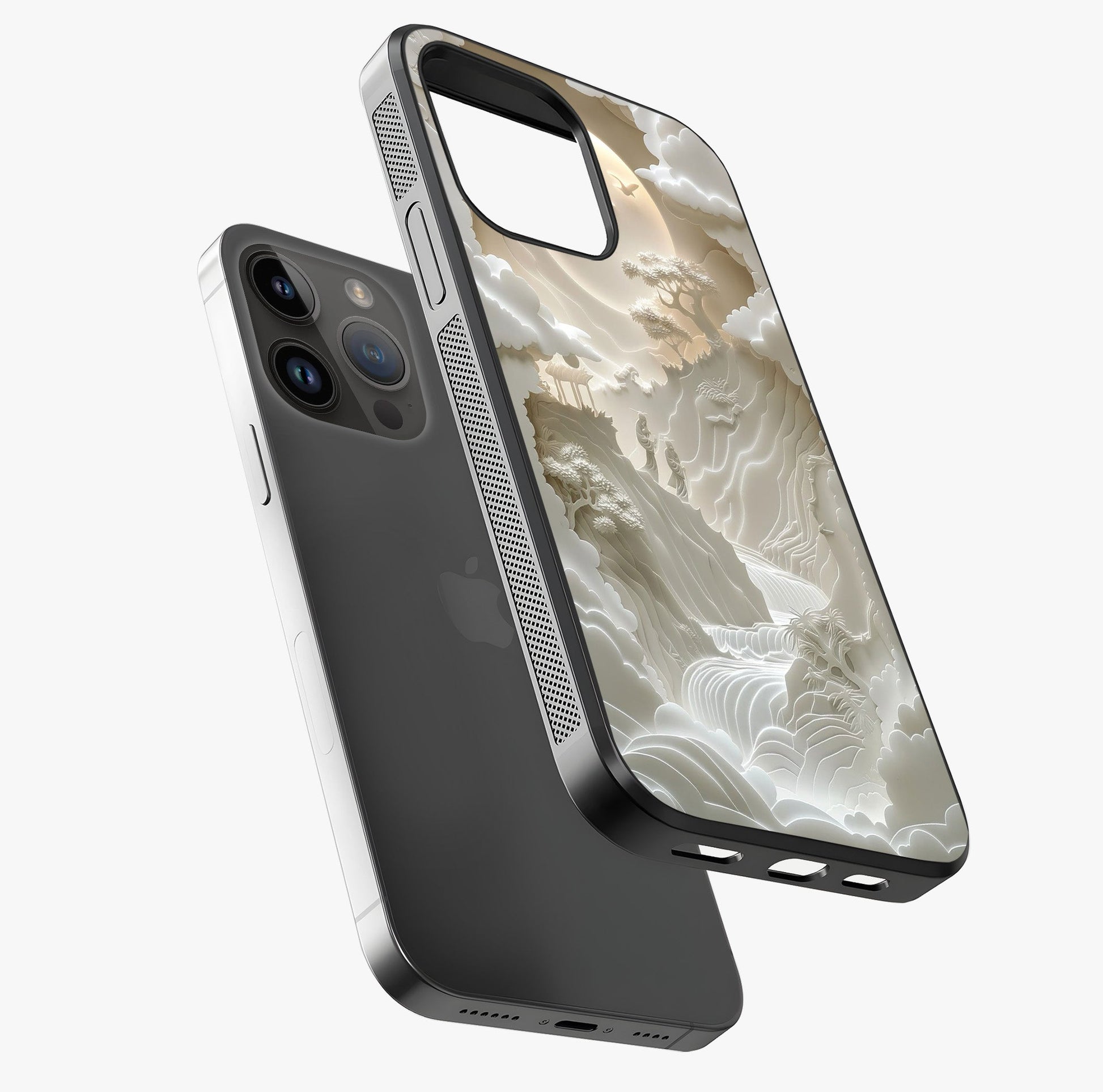 Celestial Origami Glass Case laid diagonally highlighting side profile, edges and glossy glass shine.