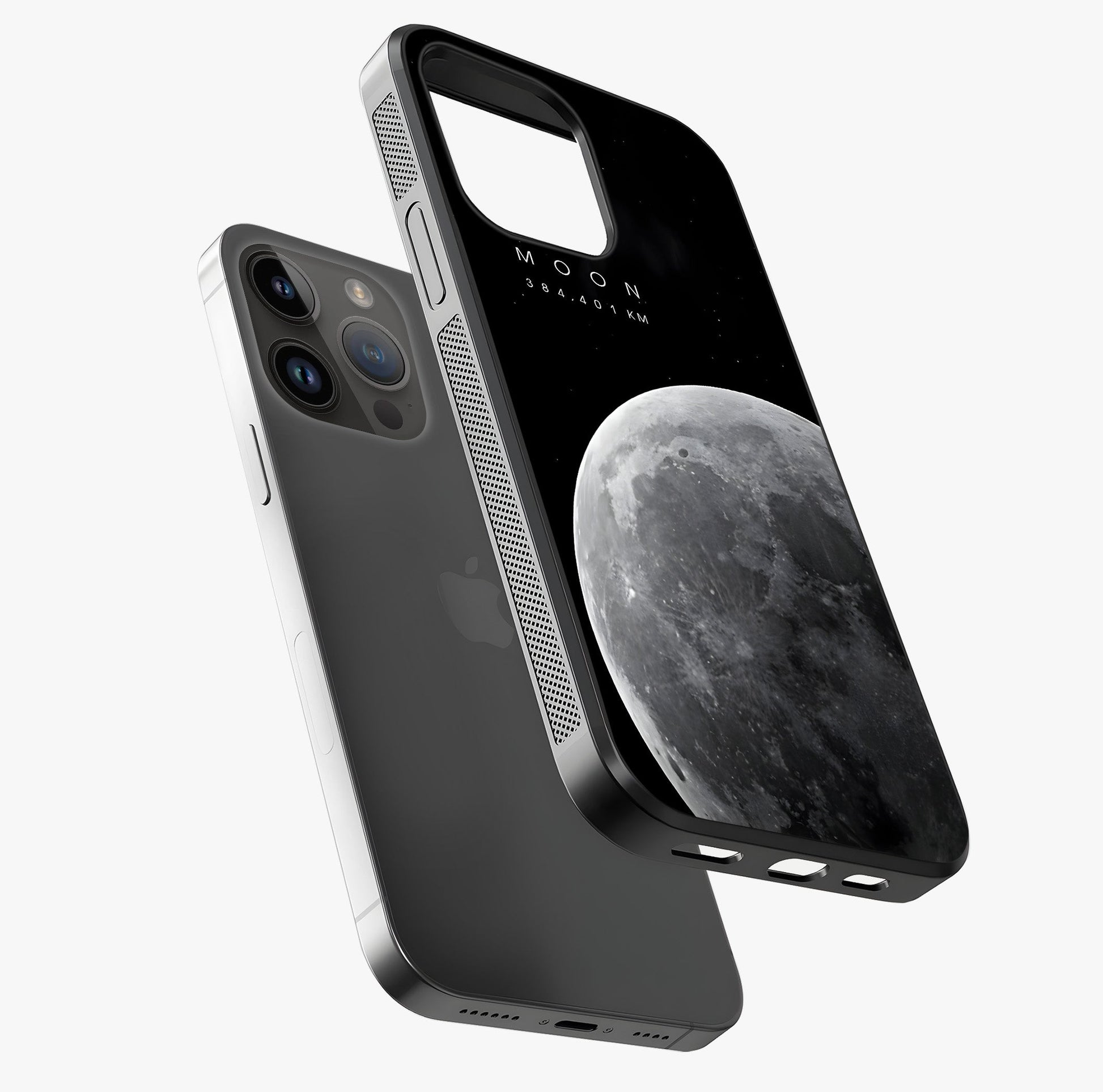 Cosmic Moon Glow Glass Case laid diagonally highlighting side profile, edges and glossy glass shine.