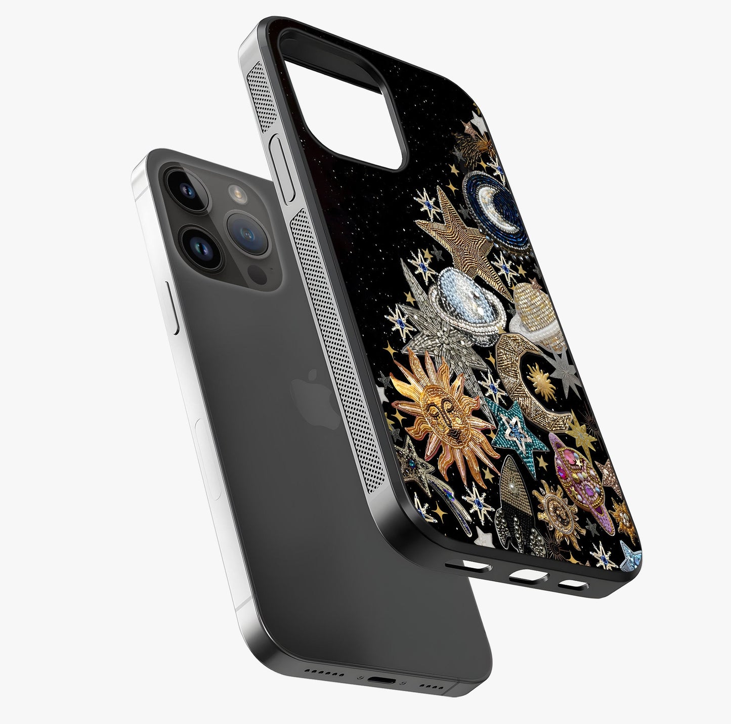 Cosmic Sparkle Dreams Glass Case laid diagonally highlighting side profile, edges and glossy glass shine.