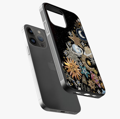 Cosmic Sparkle Dreams Glass Case laid diagonally highlighting side profile, edges and glossy glass shine.