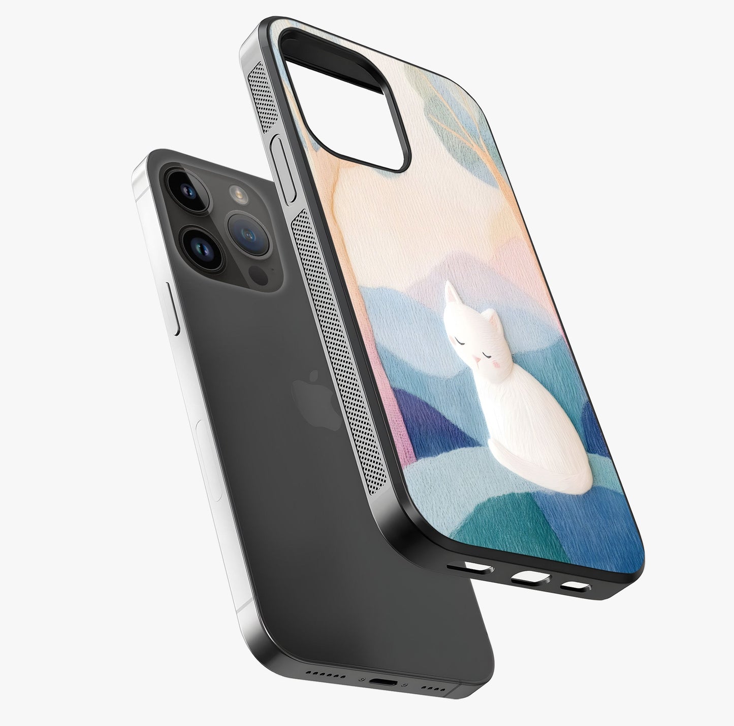 Cotton Dream Cat Glass Case laid diagonally highlighting side profile, edges and glossy glass shine.