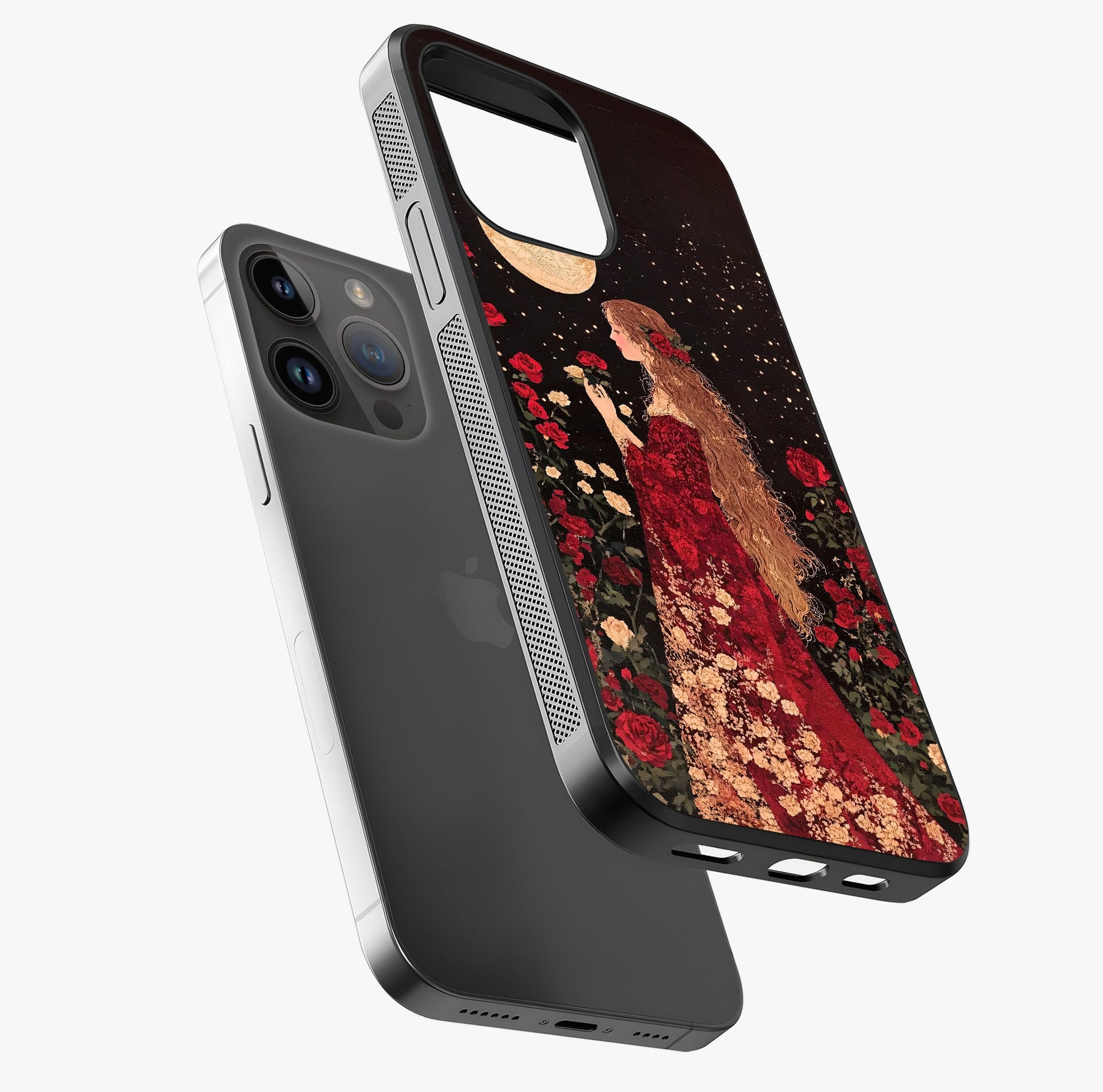 Crimson Dreams Glass Case laid diagonally highlighting side profile, edges and glossy glass shine.