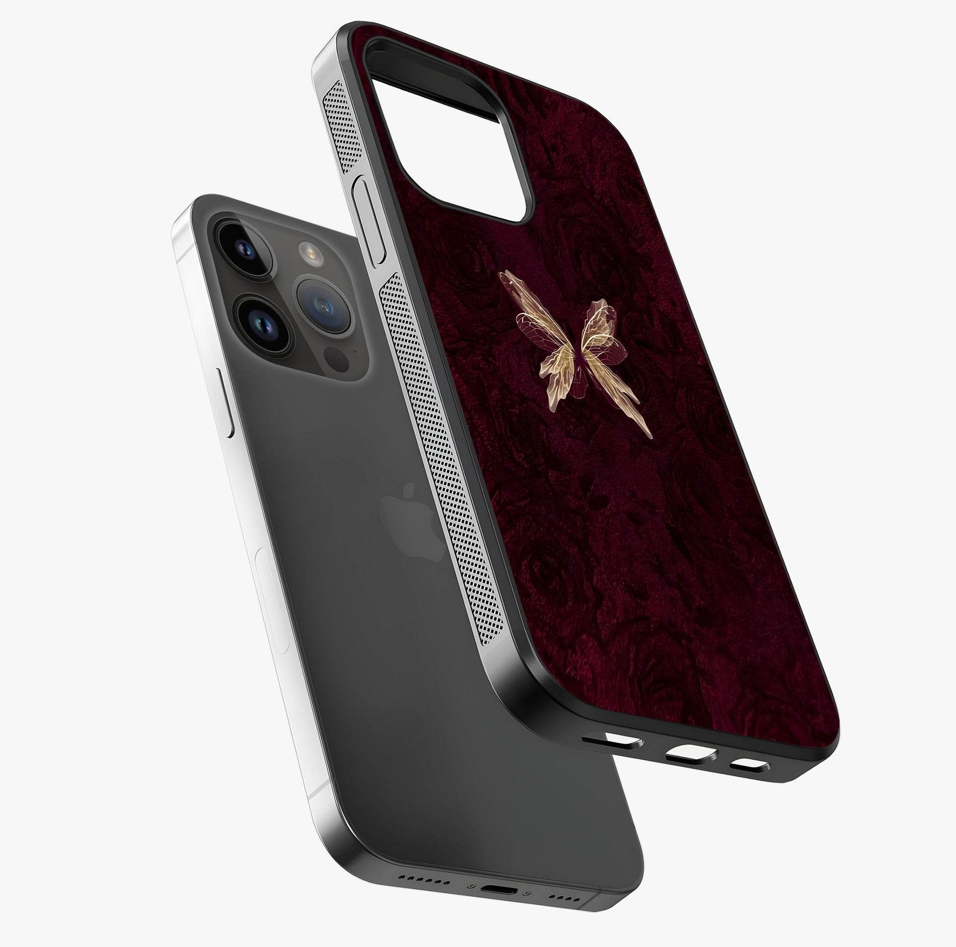 Crimson Fade Butterfly Glass Case laid diagonally highlighting side profile, edges and glossy glass shine.