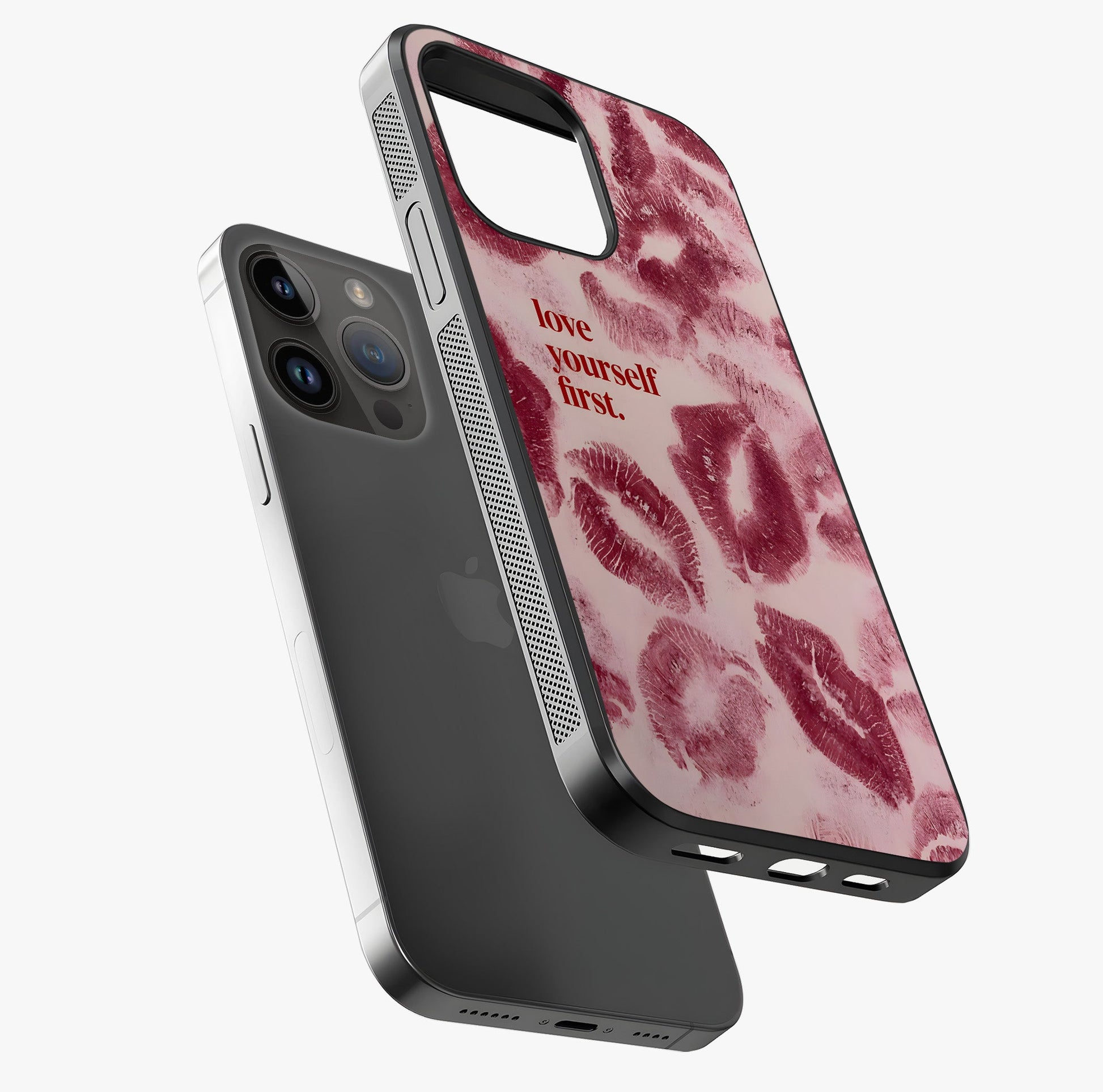 Crimson Kiss Love Glass Case laid diagonally highlighting side profile, edges and glossy glass shine.