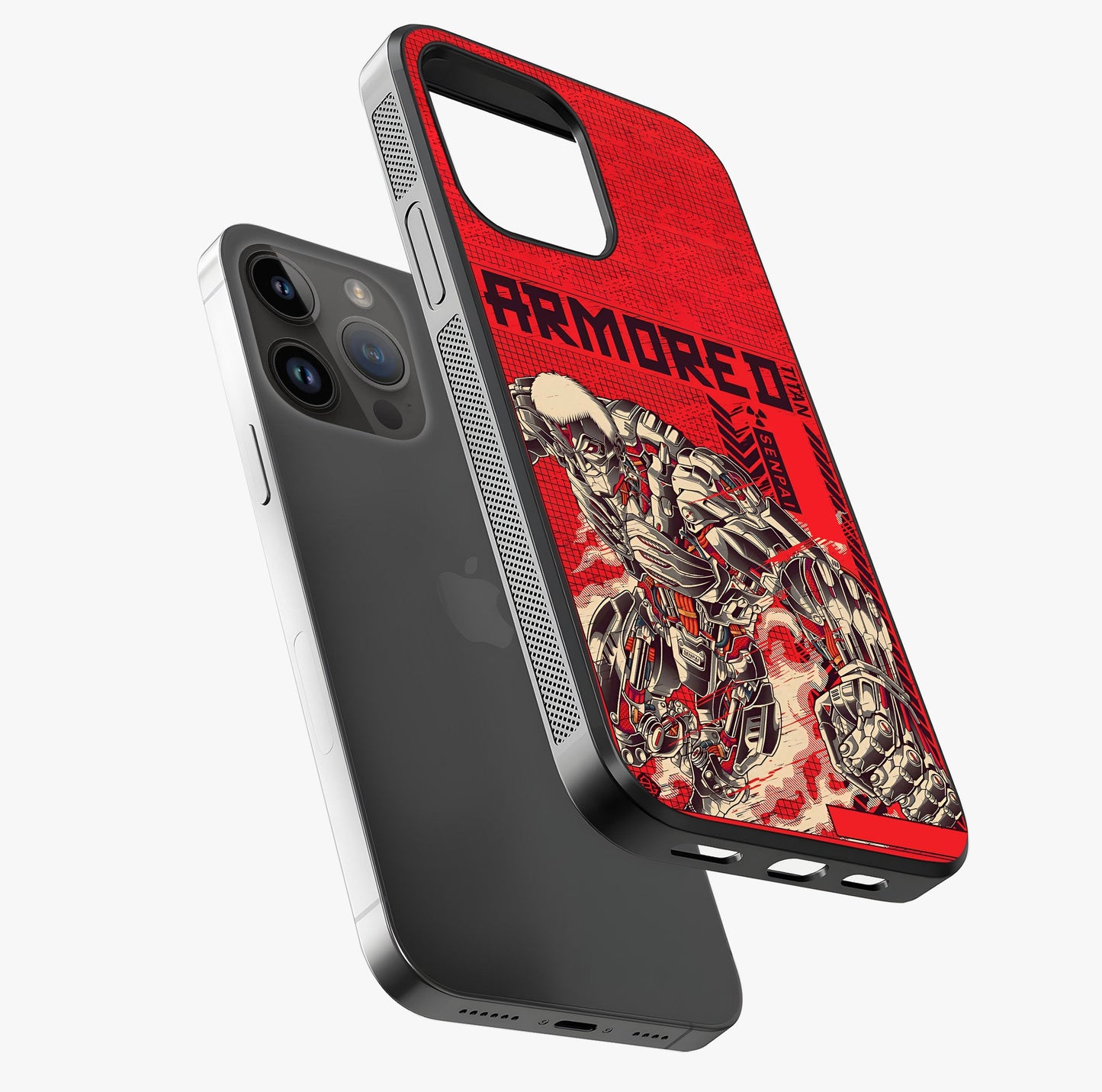 Crimson Mecha Titan Glass Case laid diagonally highlighting side profile, edges and glossy glass shine.