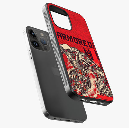 Crimson Mecha Titan Glass Case laid diagonally highlighting side profile, edges and glossy glass shine.