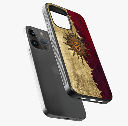 Crimson Sun Majesty Glass Case laid diagonally highlighting side profile, edges and glossy glass shine.