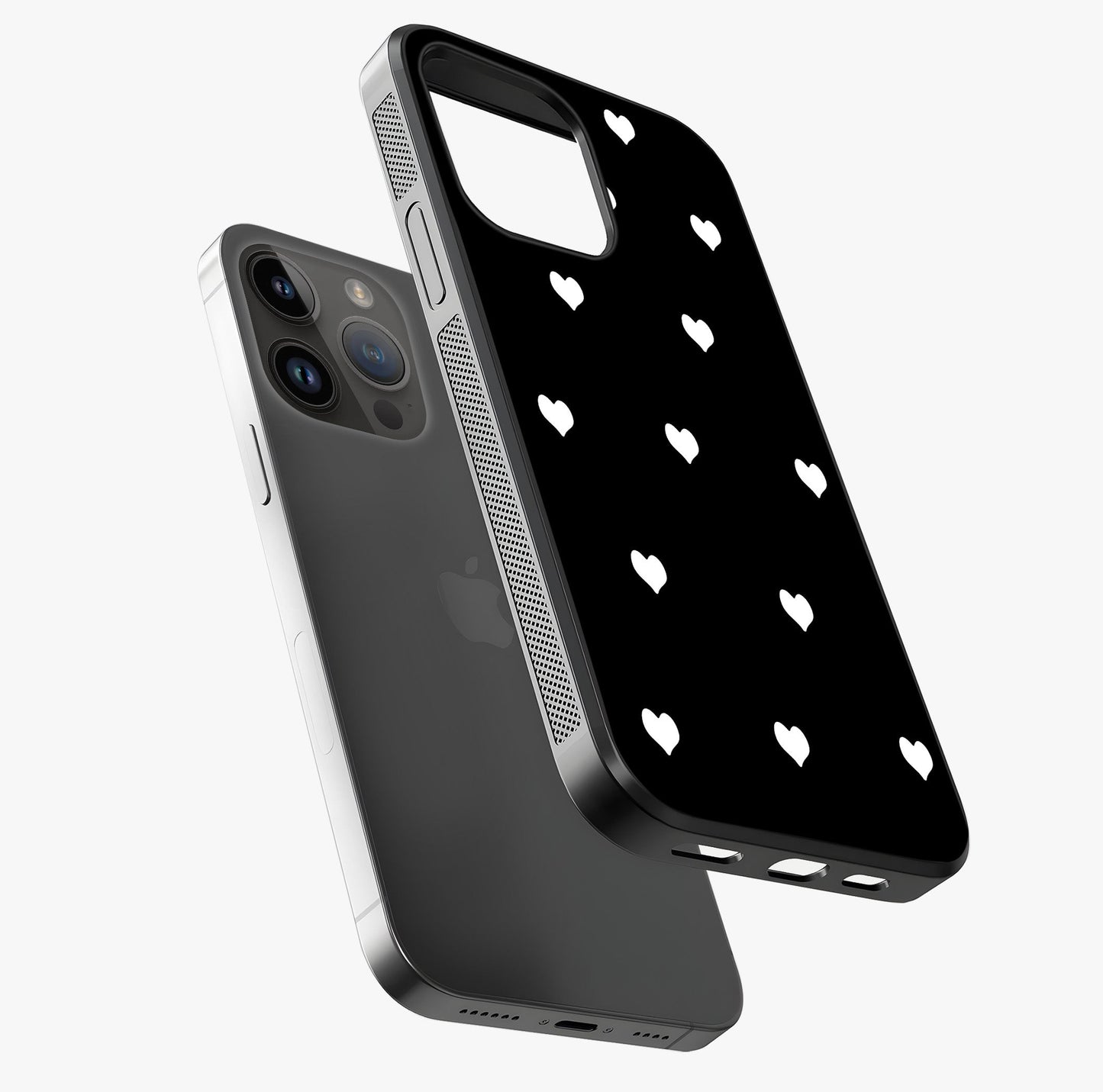 Cute And Simple White Hearts Glass Case laid diagonally highlighting side profile, edges and glossy glass shine.