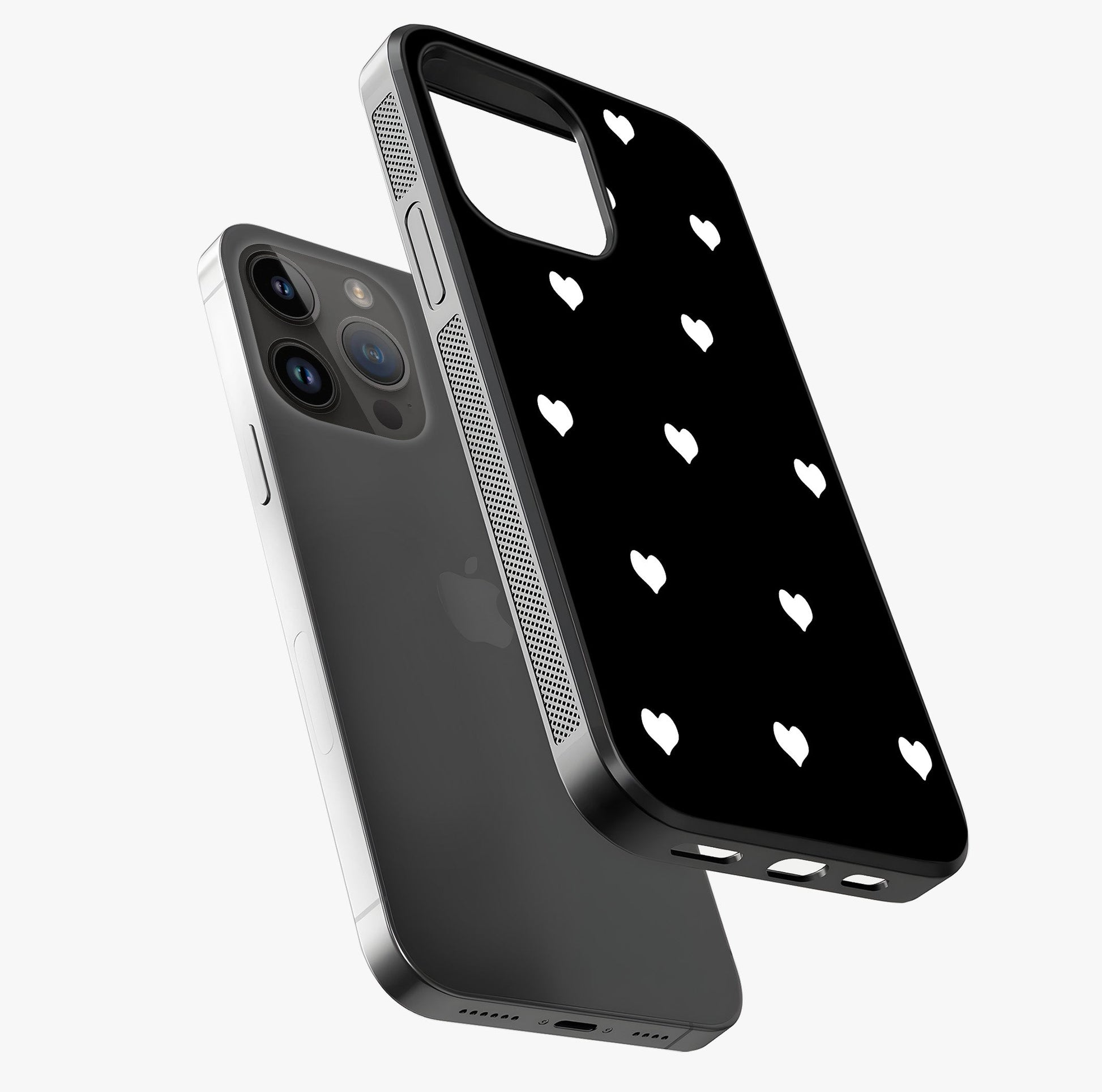 Cute And Simple White Hearts Glass Case laid diagonally highlighting side profile, edges and glossy glass shine.
