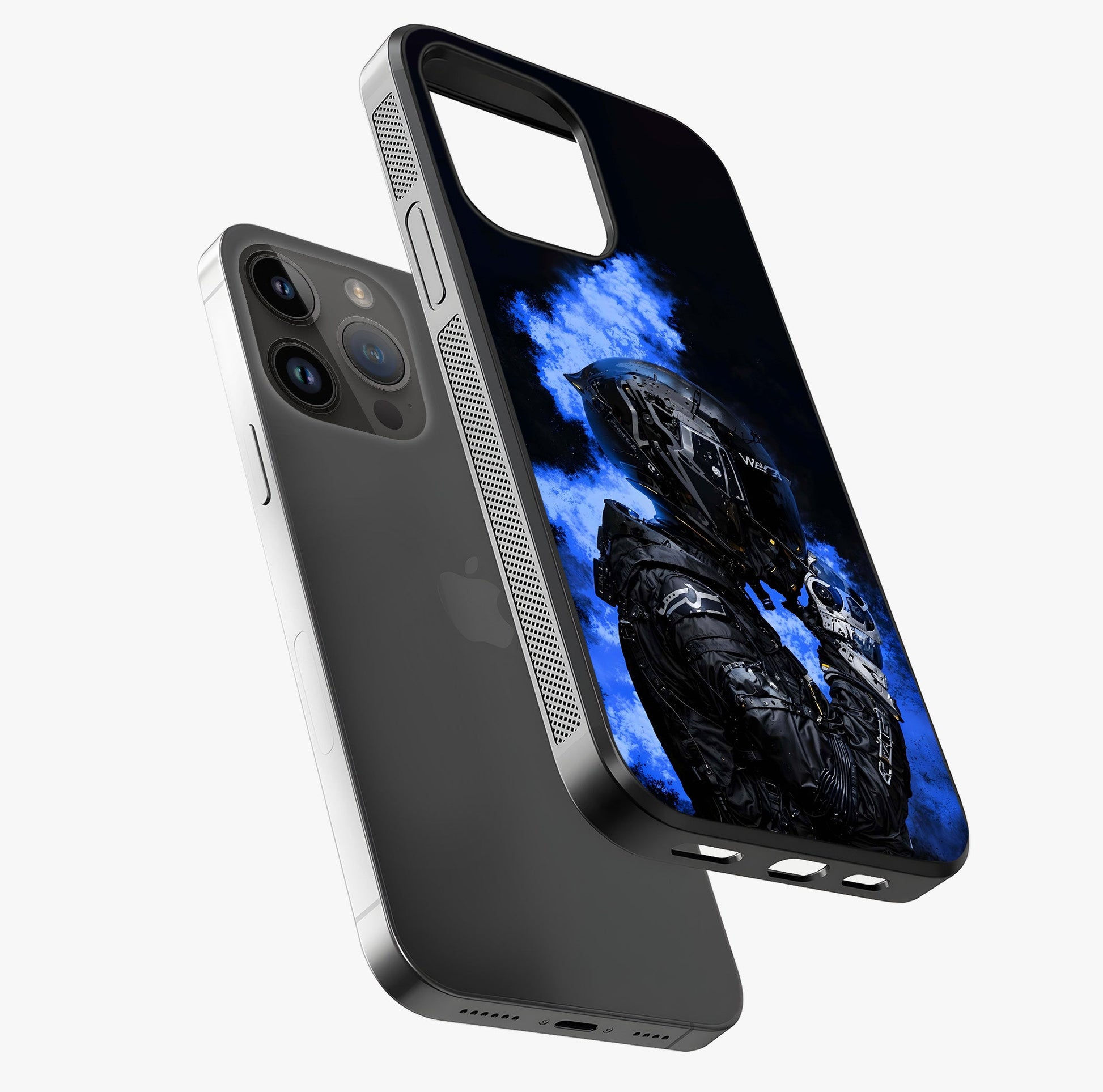 Cyber Sentinel Protocol Glass Case laid diagonally highlighting side profile, edges and glossy glass shine.