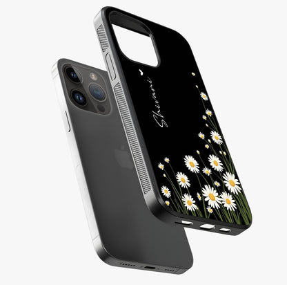 Daisy Cascade Custom Name Glass Case laid diagonally highlighting side profile, edges and glossy glass shine.
