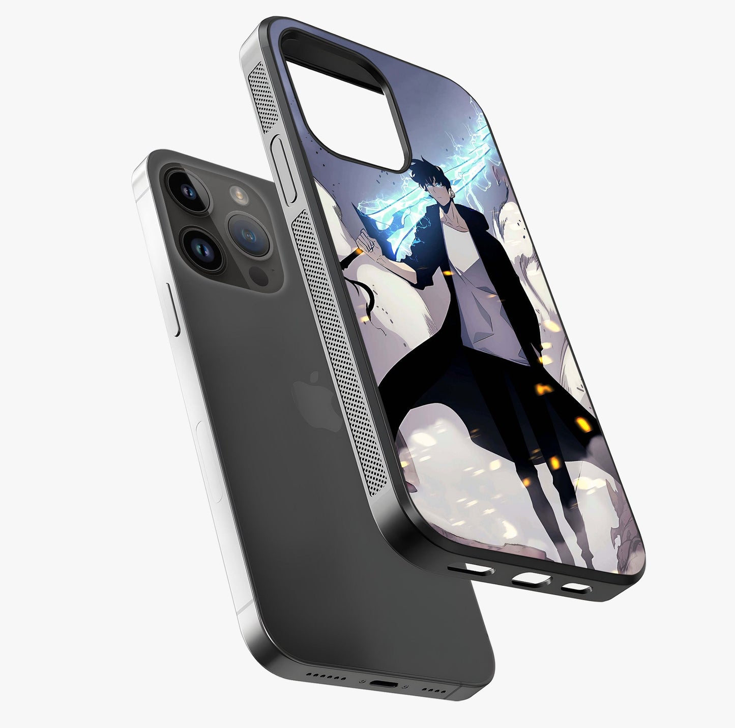 Dark Lightning Anime Warrior Glass Case laid diagonally highlighting side profile, edges and glossy glass shine.