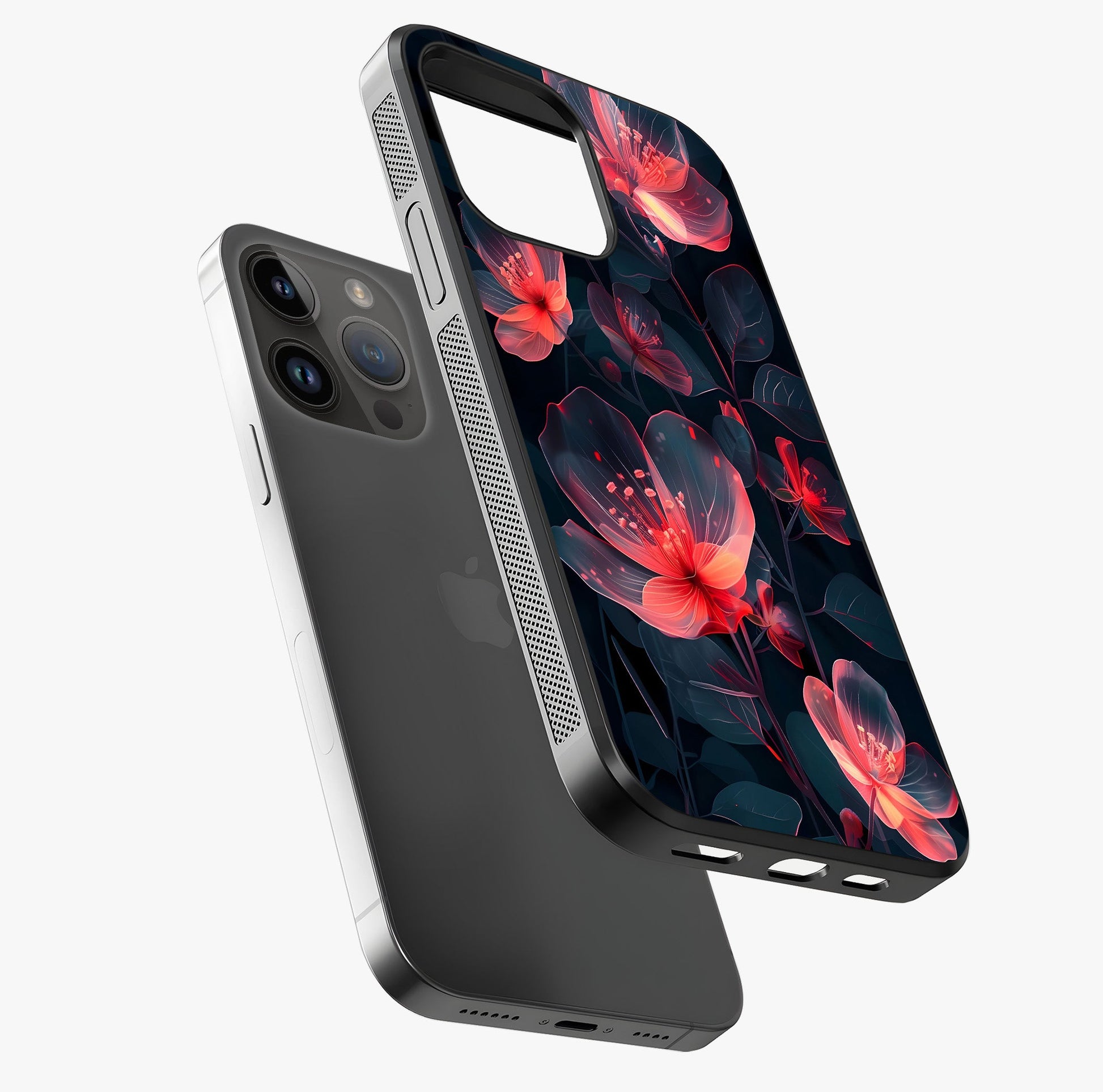 Dark Shade Of Flower Glass Case laid diagonally highlighting side profile, edges and glossy glass shine.