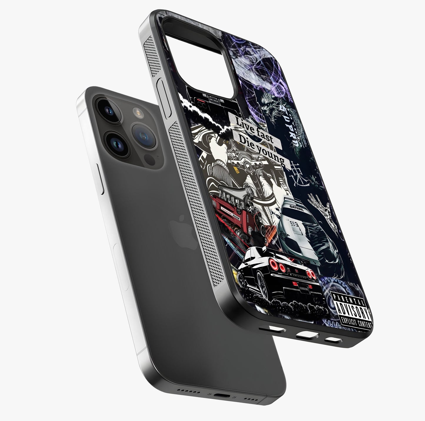 Die Young Glass Case laid diagonally highlighting side profile, edges and glossy glass shine.