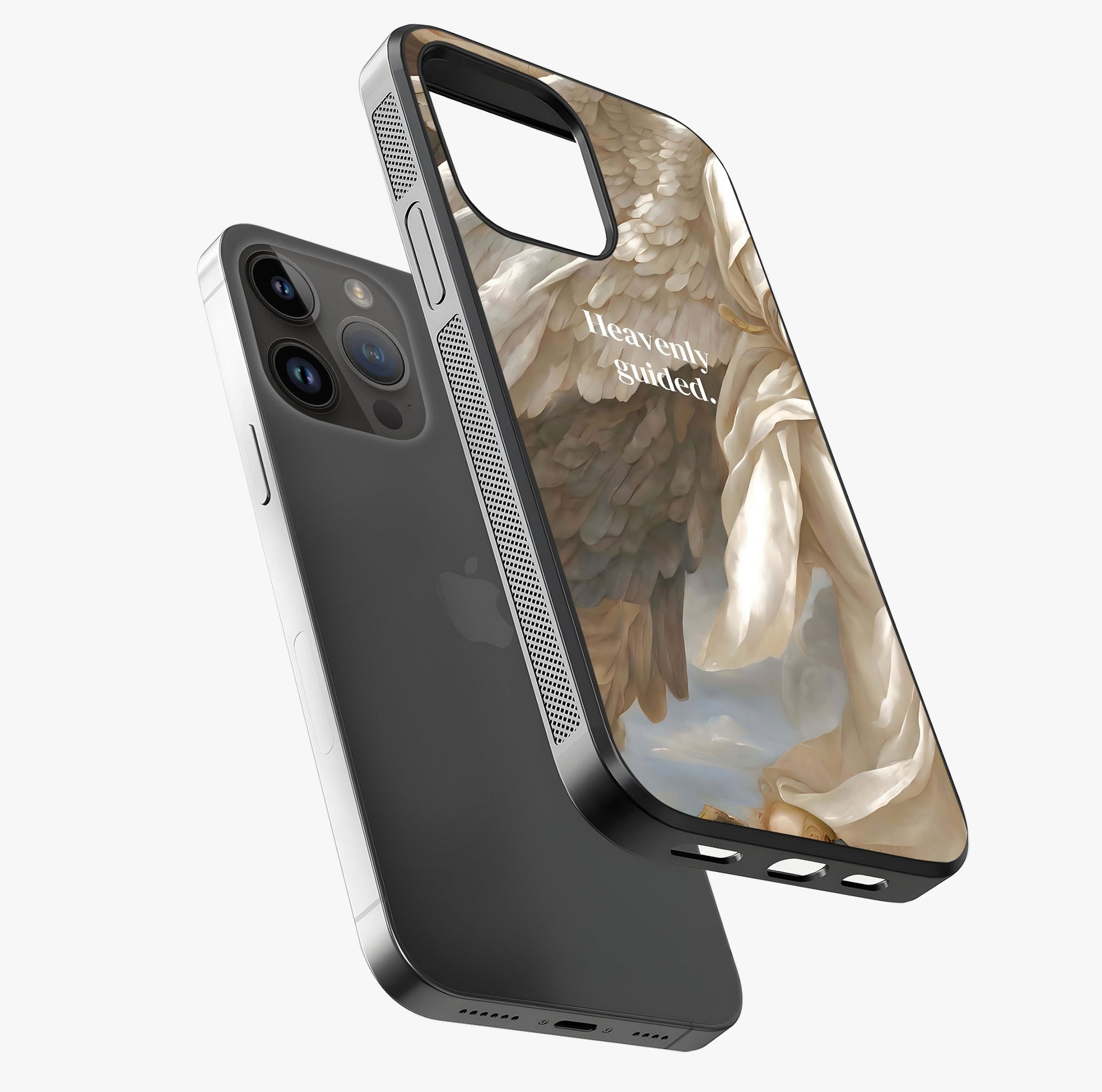 Divine Winged Grace Glass Case laid diagonally highlighting side profile, edges and glossy glass shine.