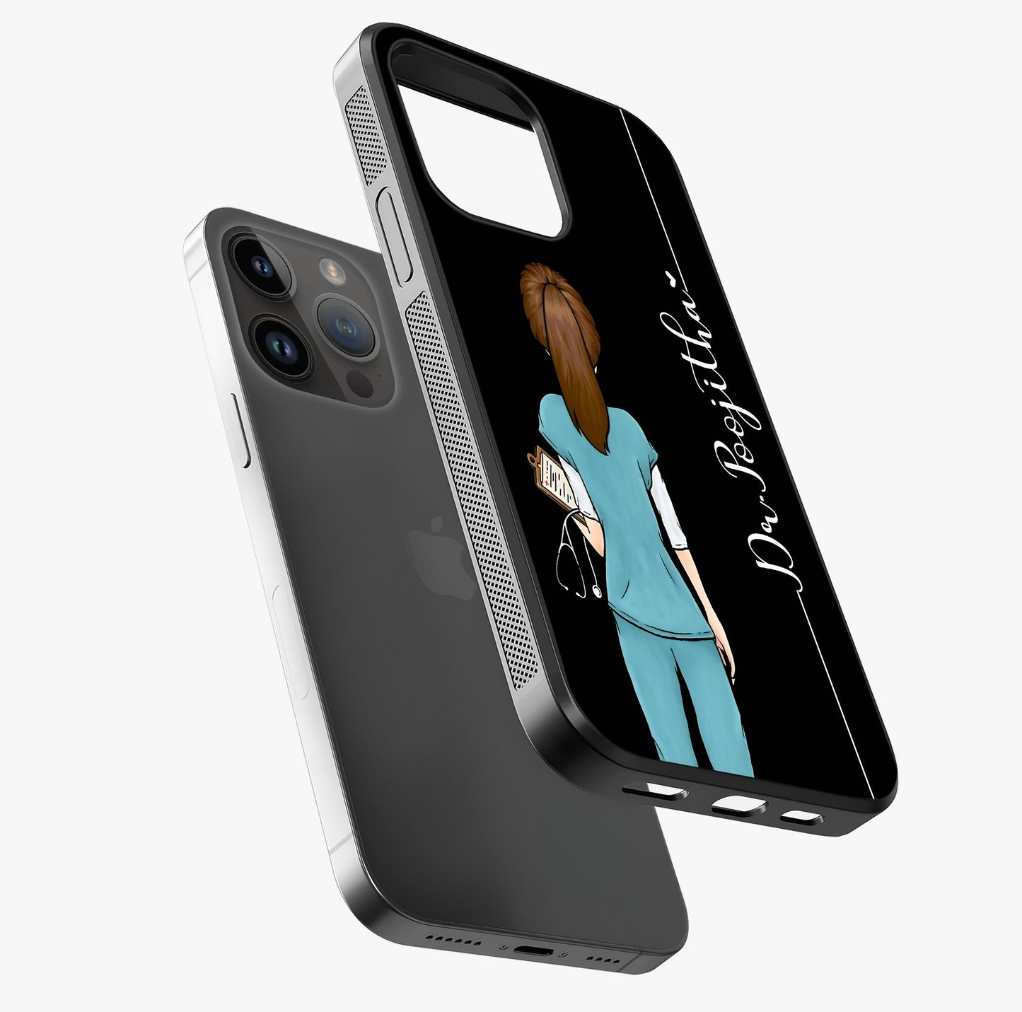 Doctor Pattern Custom Name Glass Case laid diagonally highlighting side profile, edges and glossy glass shine.