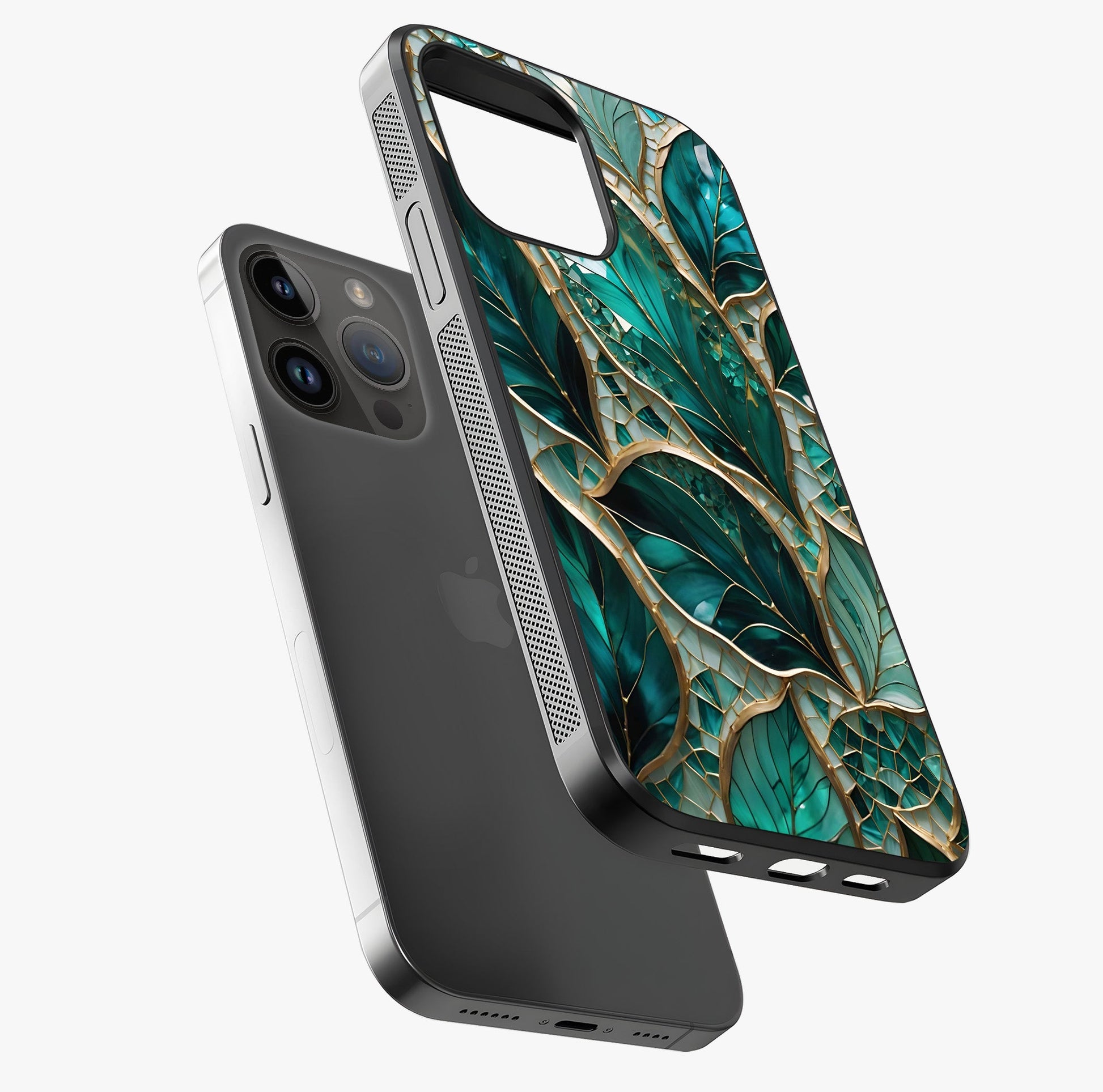 Emerald Leaf Glass Glass Case laid diagonally highlighting side profile, edges and glossy glass shine.