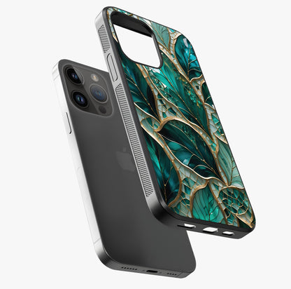 Emerald Leaf Glass Glass Case laid diagonally highlighting side profile, edges and glossy glass shine.